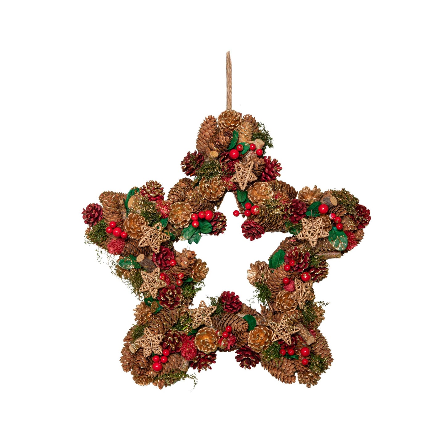 45cm Red Hanging Christmas Star Wreath with Red Berries and Pinecones 