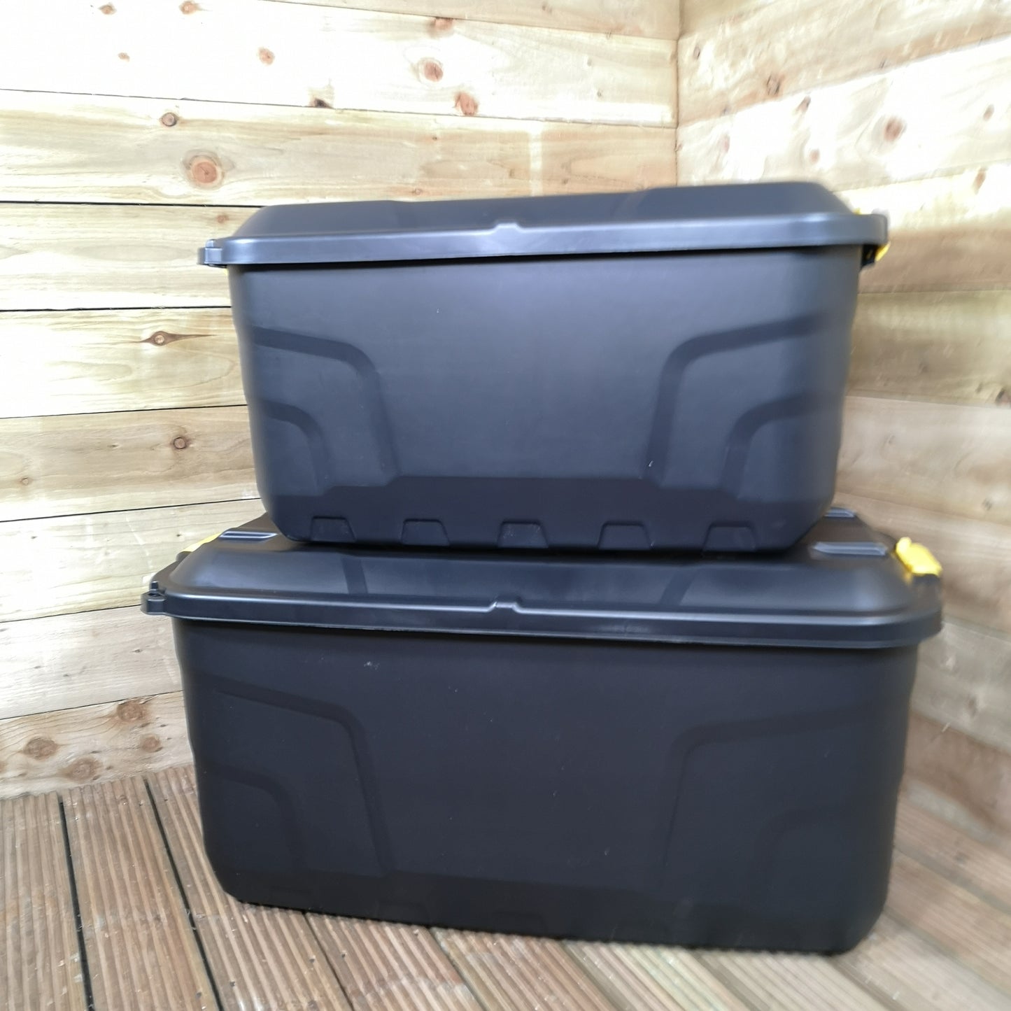 1 x 145L AND 1 x 75L Heavy Duty Trunks on Wheels Sturdy, Lockable, Stackable and Nestable Design Storage Chest with Clips in Black