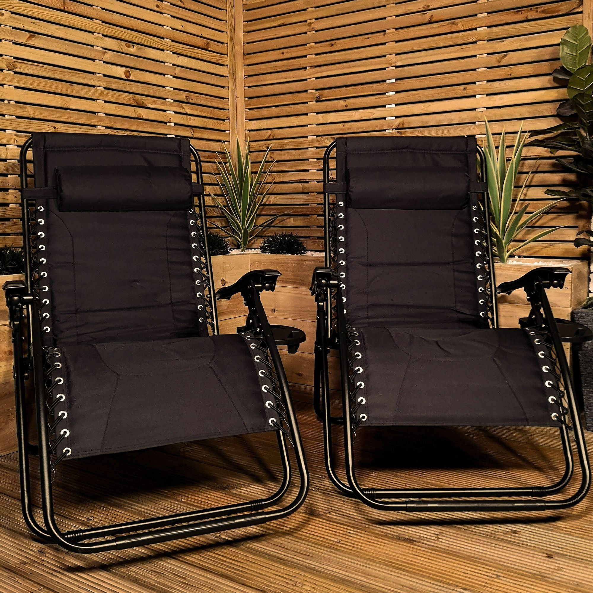 Set of 2 Luxury Padded Multi Position Zero Gravity Garden Relaxer Chair Lounger in All Black