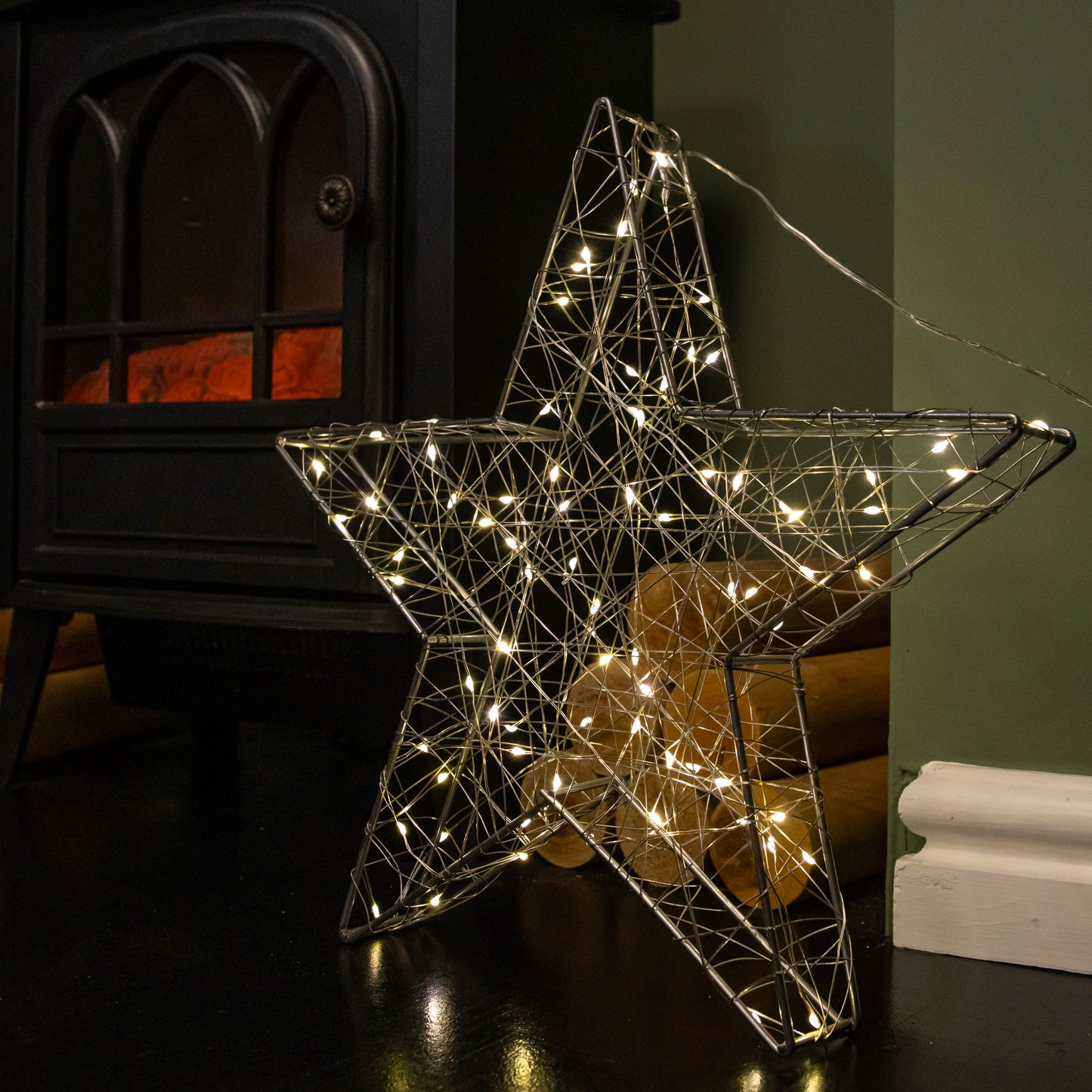 38cm Light up 3D Christmas Silver Star with 80 Warm White LEDs