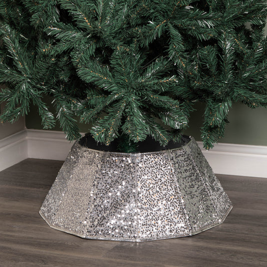 40cm/68cm Silver Fabric Folding Christmas Tree Skirt Decoration with Sequins