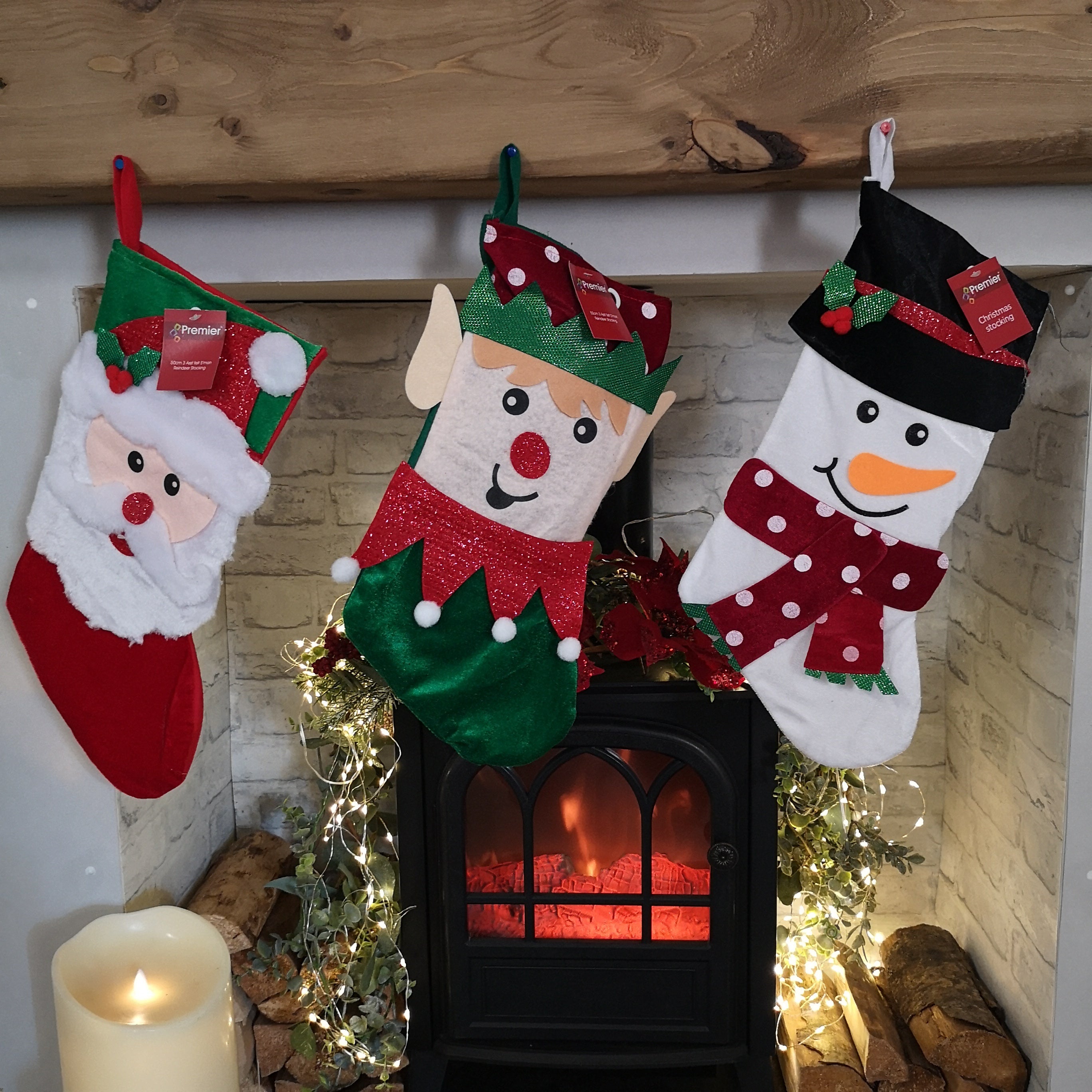 Bulk of 36 Hanging Christmas Stockings with 3 Different Designs - Santa, Snowman & Elf