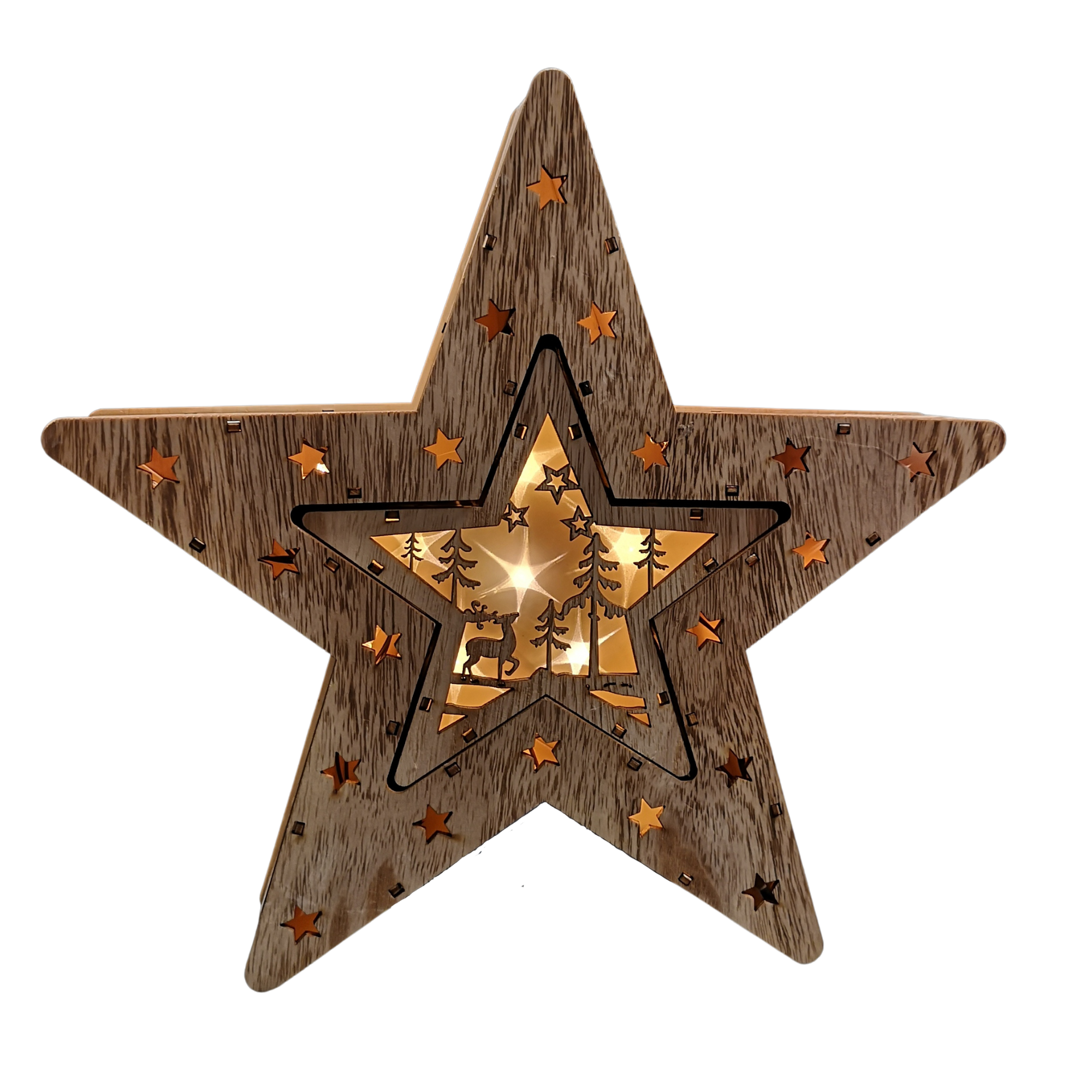 Set of 2 Battery Operated Indoor Wooden Christmas Stars with Warm White LEDs