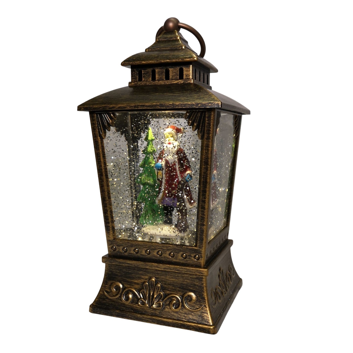 24cm Antique Trapezoid Lantern Glitter Water Spinner with Santa Christmas Decoration