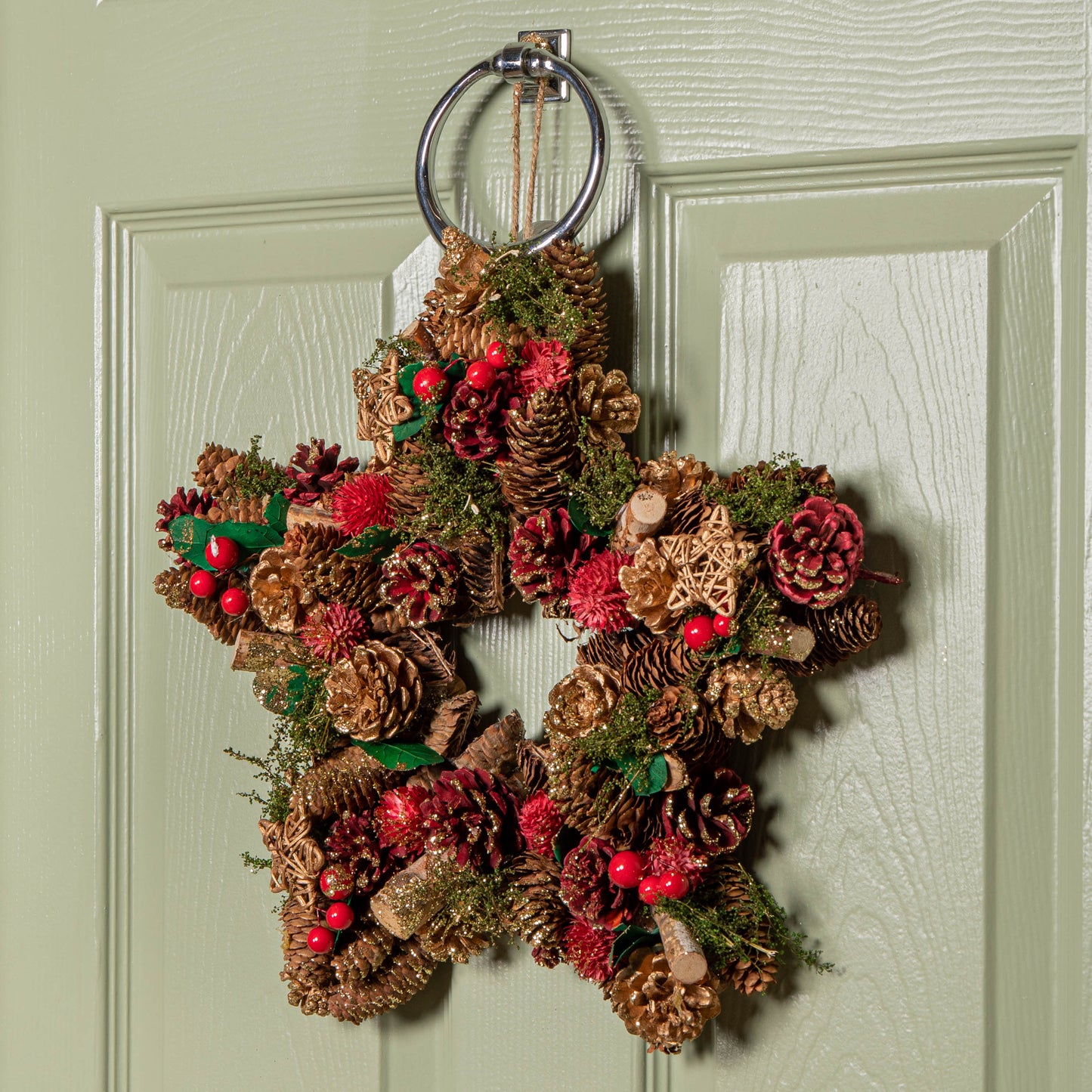 35cm Red Hanging Star Christmas Wreath with Red Berries and Pinecones 