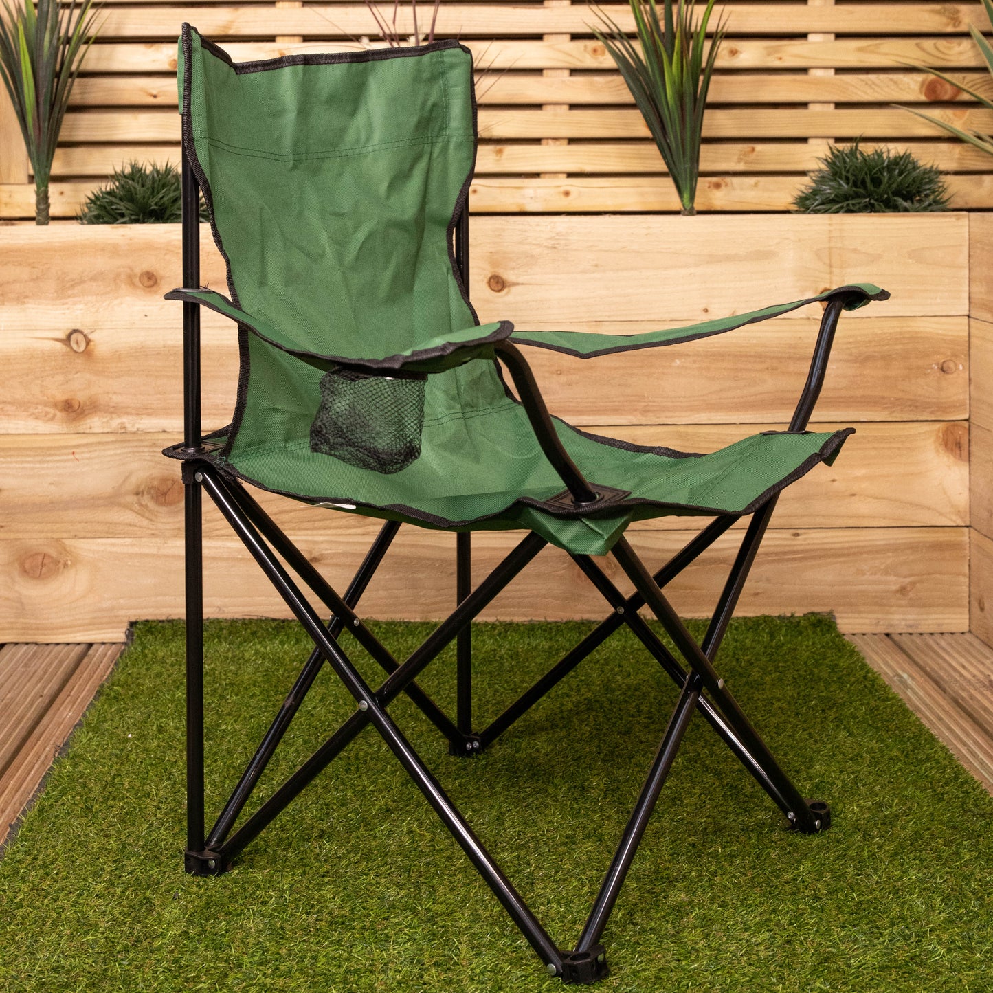 Green Folding Canvas Camping / Festival / Outdoor Chair with Arms and Cup Holder