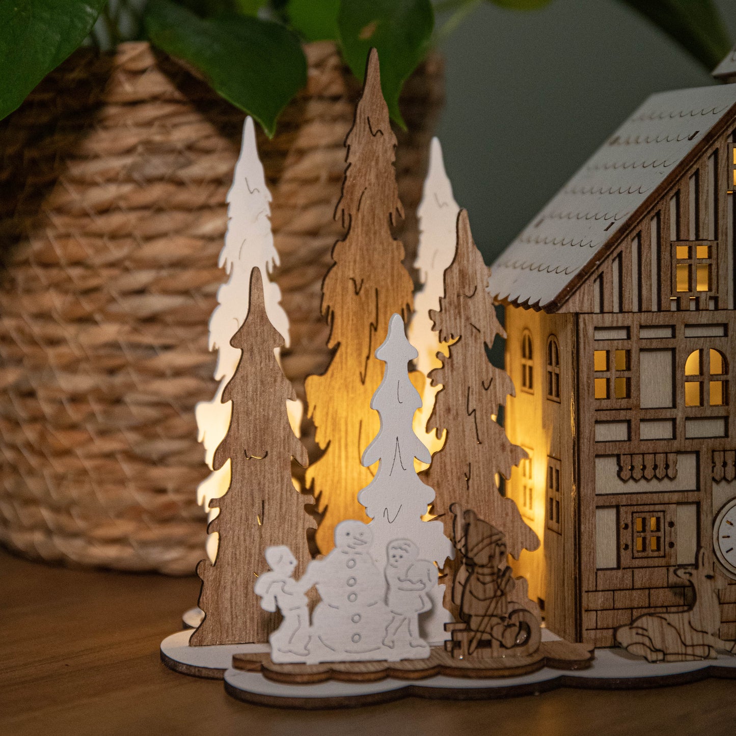 16cm Battery Operated Light up Wooden House Scene with Christmas Trees and Warm White LEDs