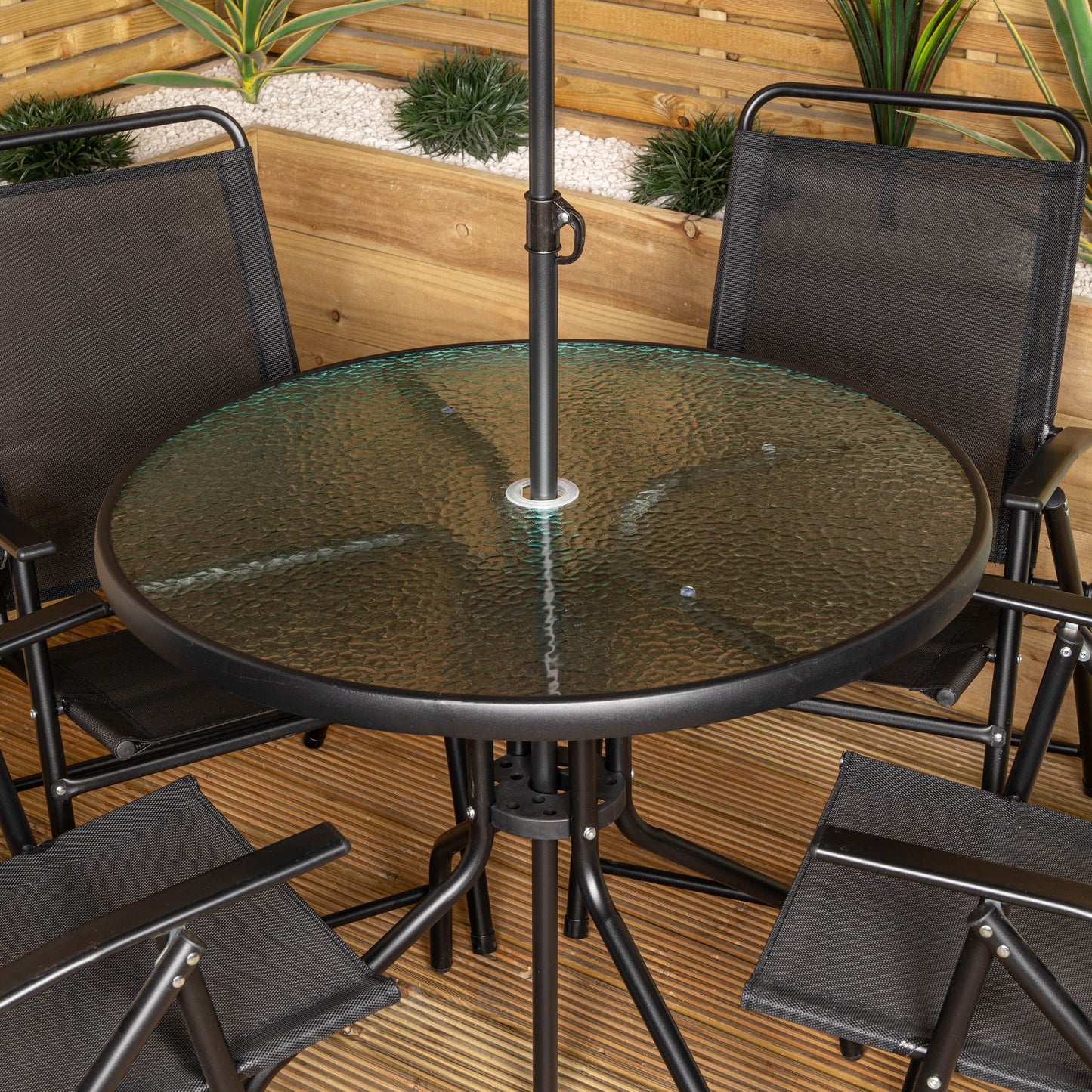 Samuel Alexander Outdoor 4 Seater Round Glass Top Table and Chairs Patio Set with Parasol in Black