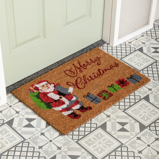 60cm x 40cm Brown Merry Christmas Doormat with Santa