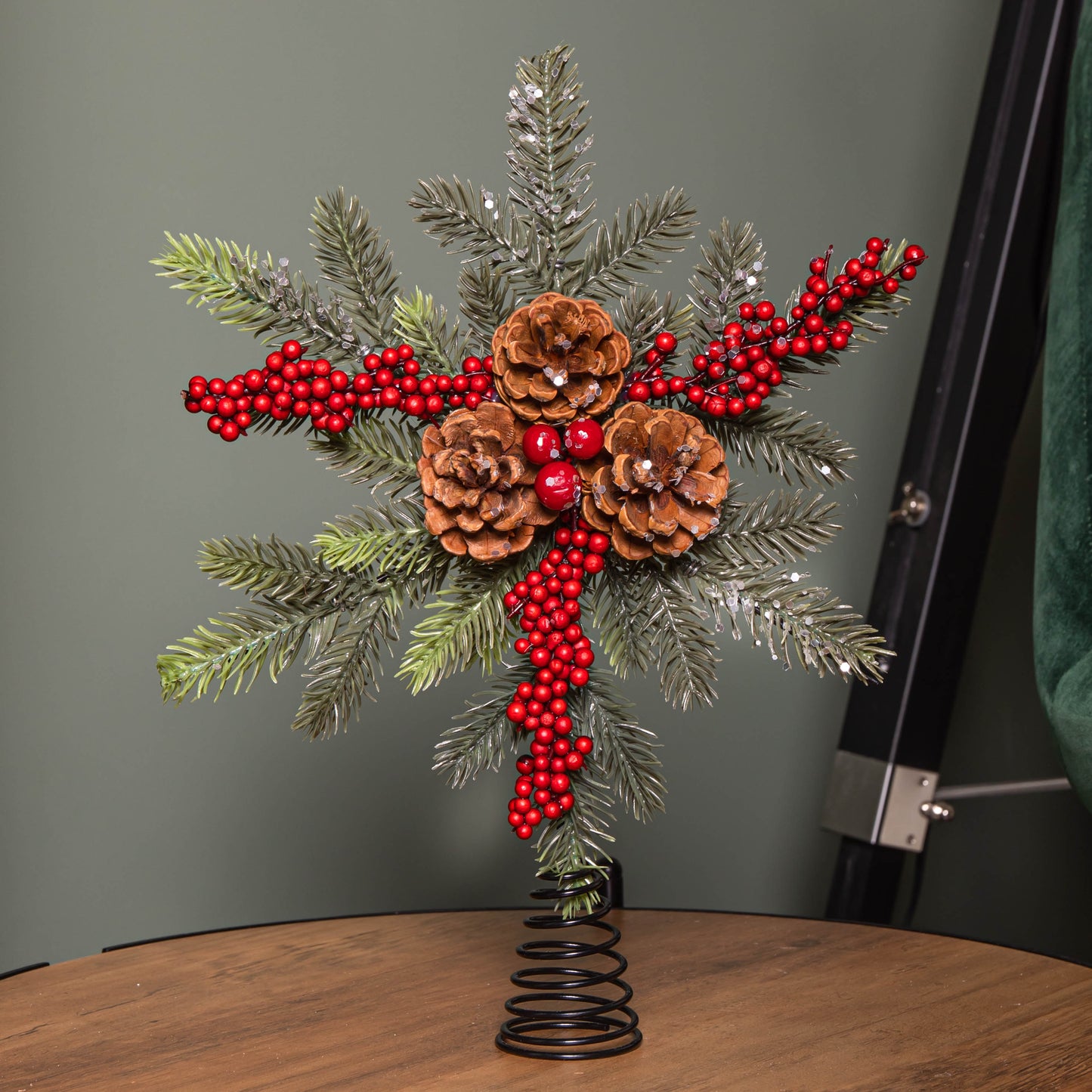 33cm Christmas Tree Topper with Pinecones, Red Berries and Frosted Seasonal Foliage