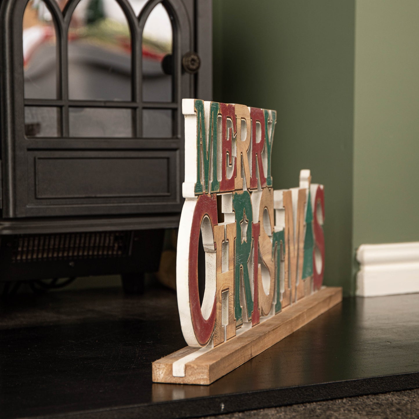 80cm Red and Green Wooden Merry Christmas Table Top Sign