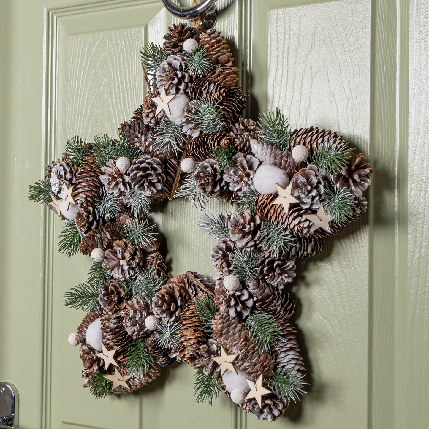 45cm Frosted Hanging Christmas Star Wreath with Pine Cones & Wooden Stars