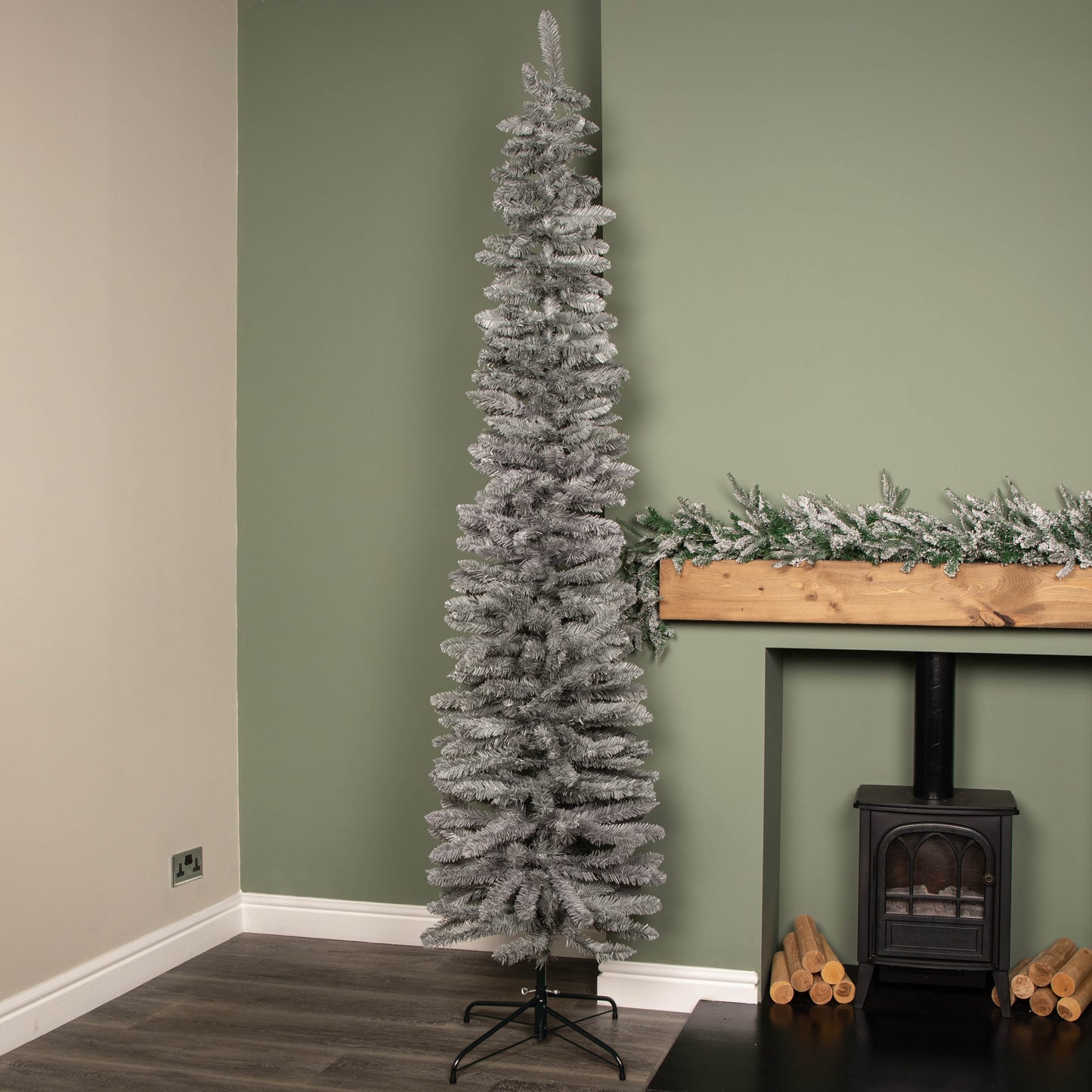 8ft (2.4m) Grey Artificial Pencil Christmas Tree With Green Metal Stand and 460 Tips