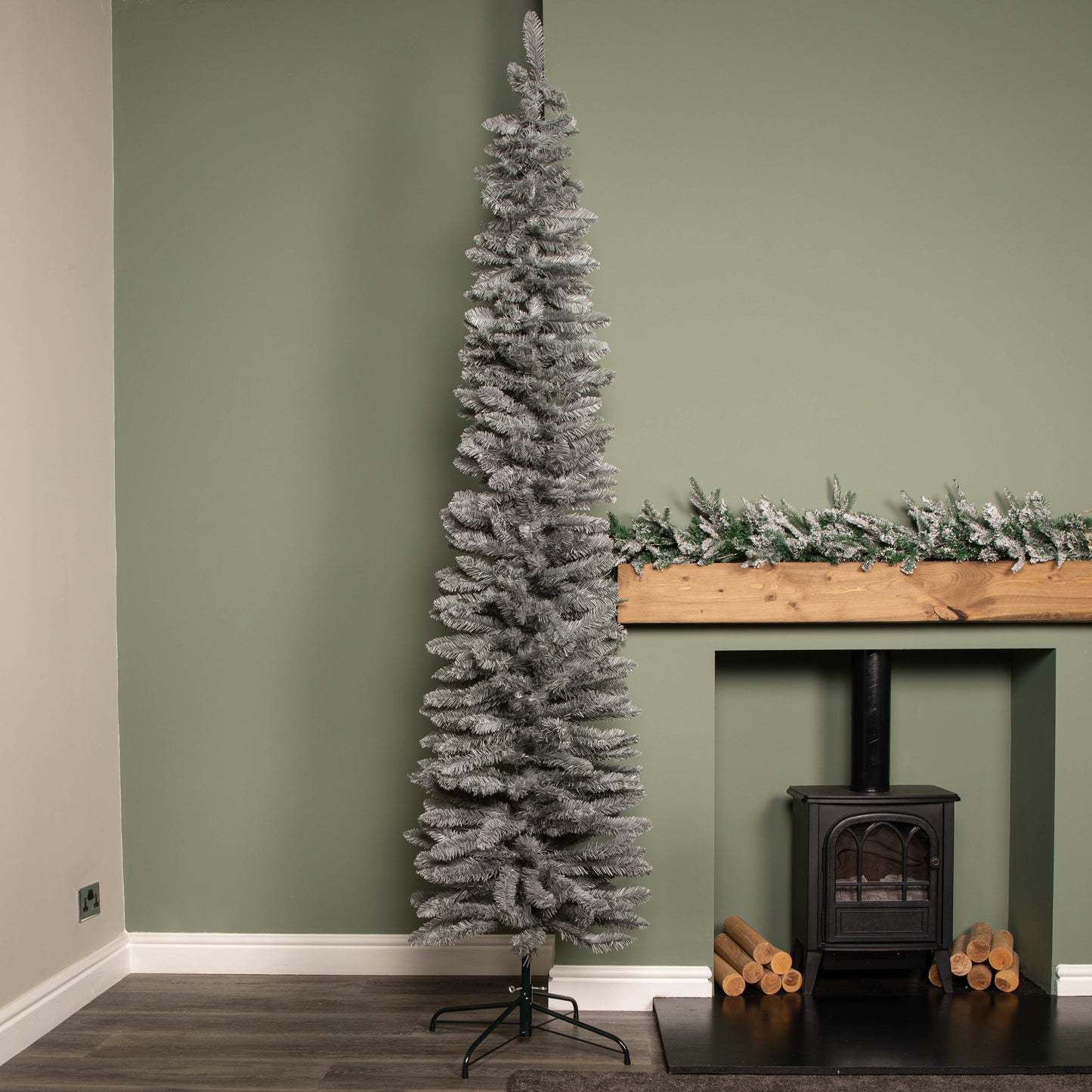 8ft (2.4m) Grey Artificial Pencil Christmas Tree With Green Metal Stand and 460 Tips