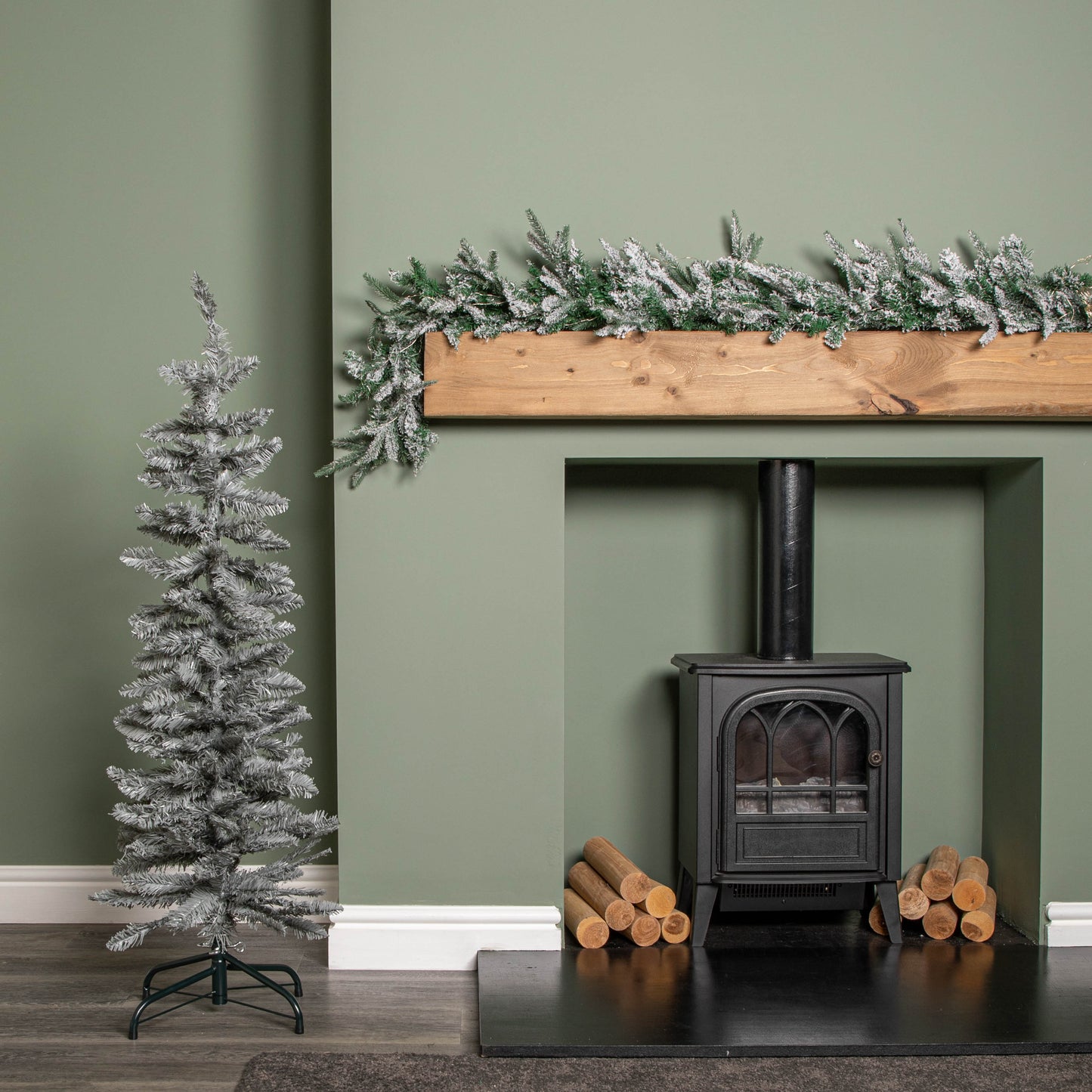 4ft (1.2m) Grey Artificial Pencil Christmas Tree With Green Metal Stand and 168 Tips