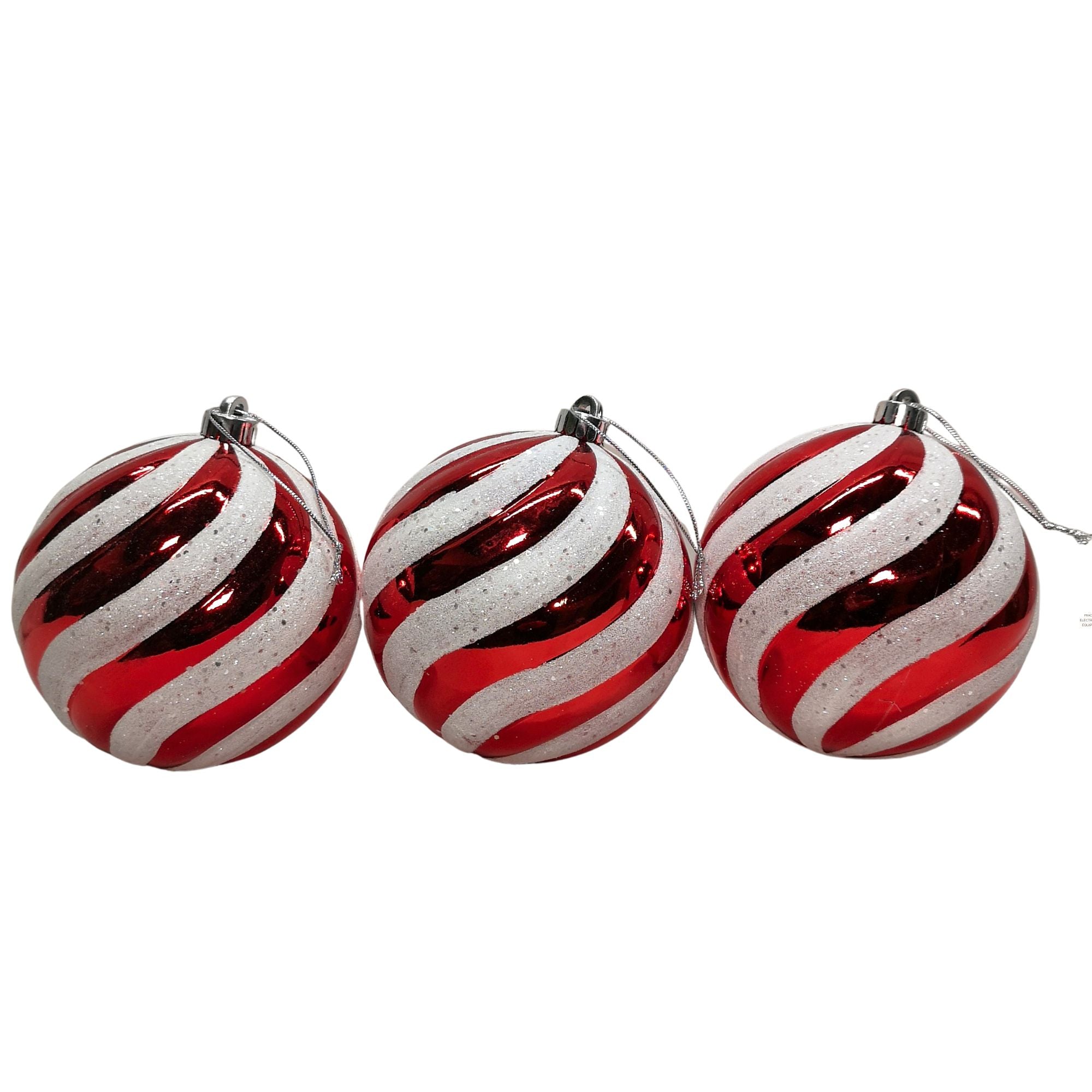 Pack of 3 Large Red & White Candy Cane Shatterproof Christmas Baubles Decorations