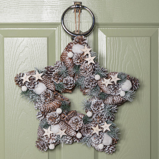 35cm Frosted Hanging Christmas Star Wreath with Pine Cones & Wooden Stars