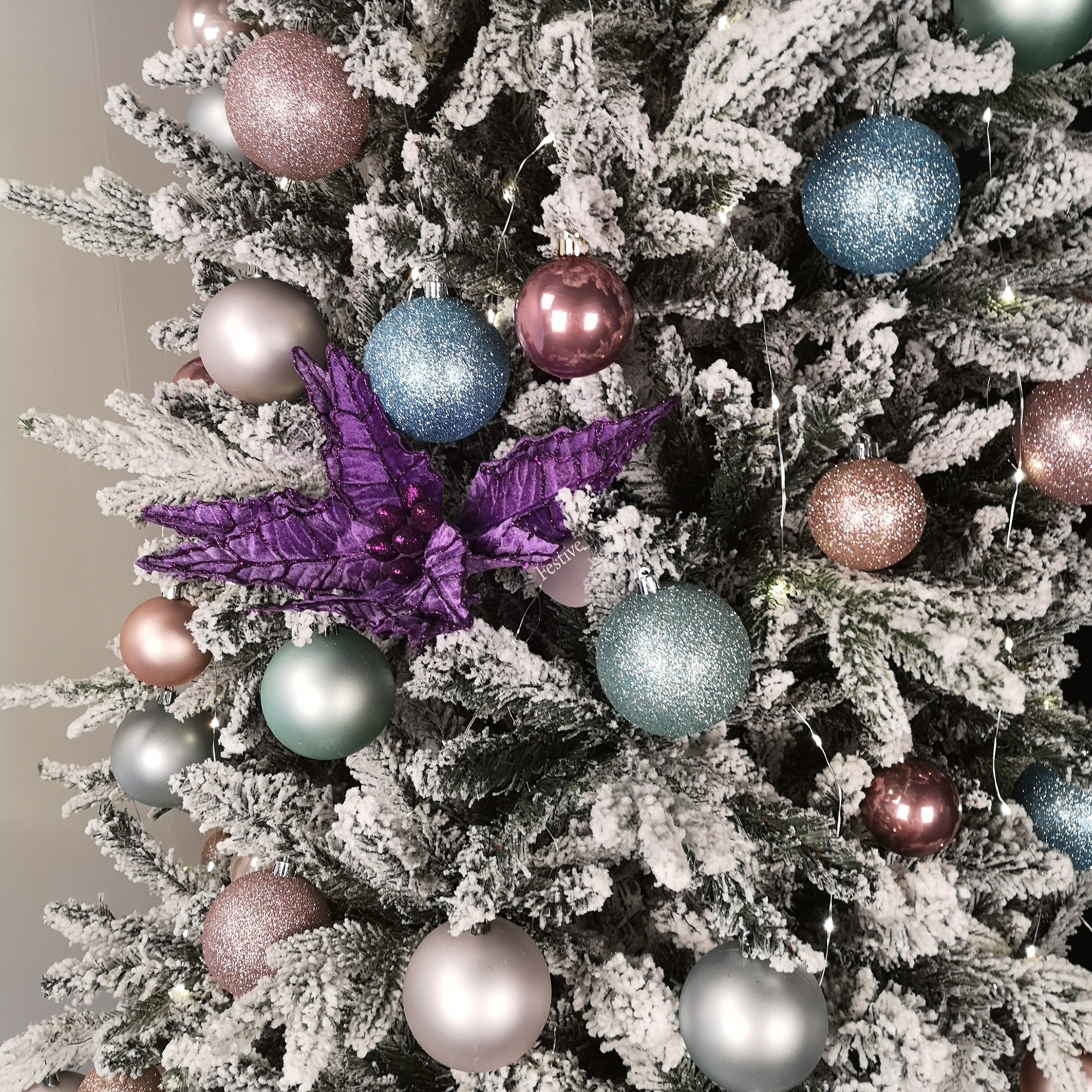 50cm Purple Velvet Poinsettia Stem with Glitter Christmas Decoration