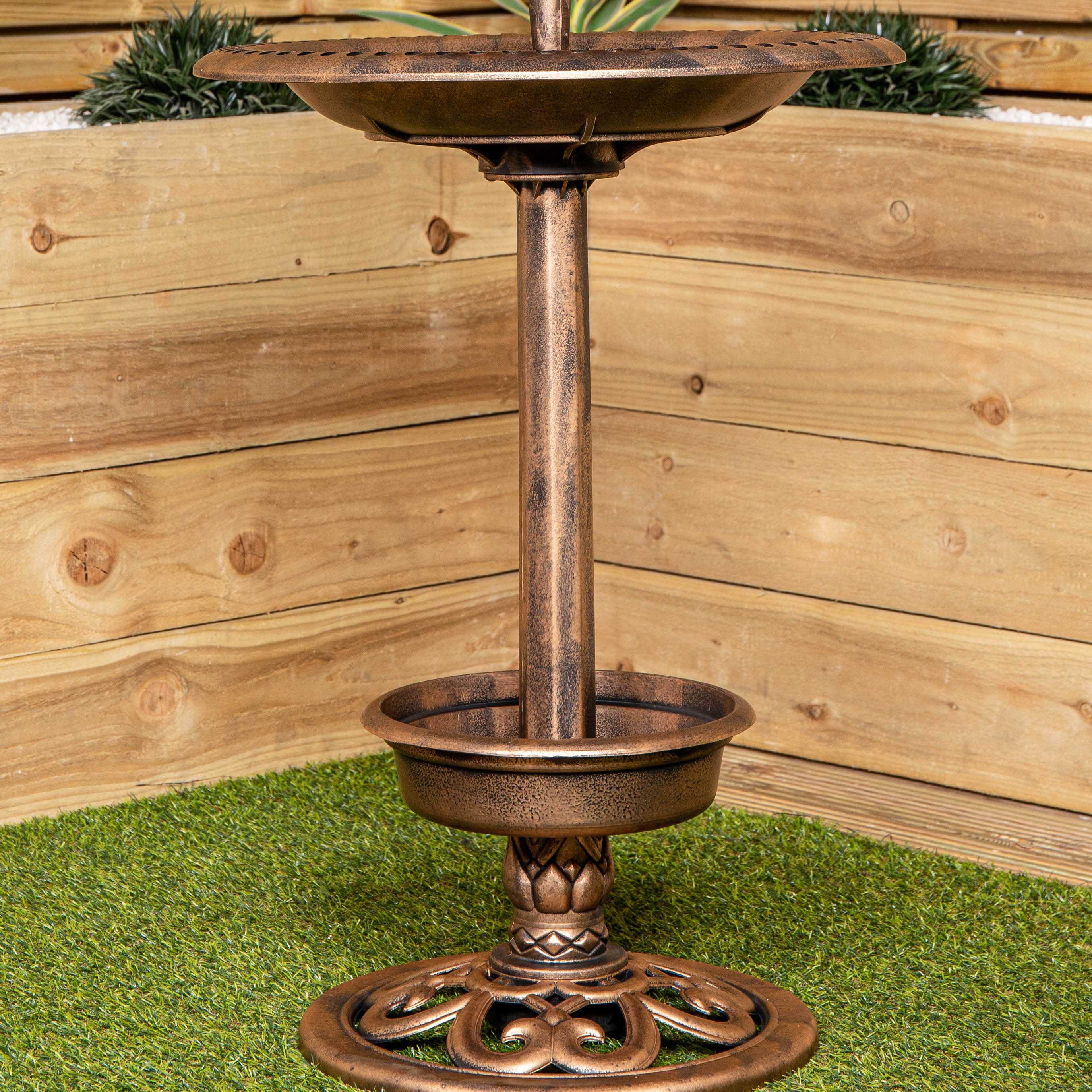 1.1m Bronze Effect Resin Garden Bird Bath & Table with Solar Light