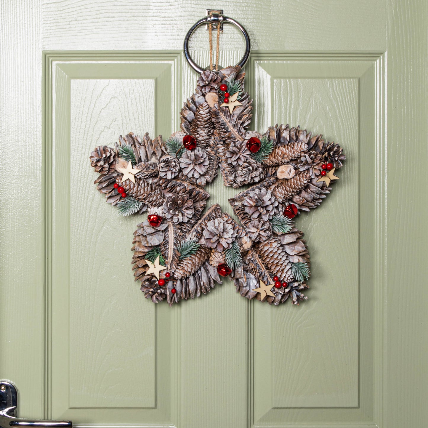 35cm Frosted Hanging Christmas Star Wreath with Red Jingle Bells & Wooden Stars