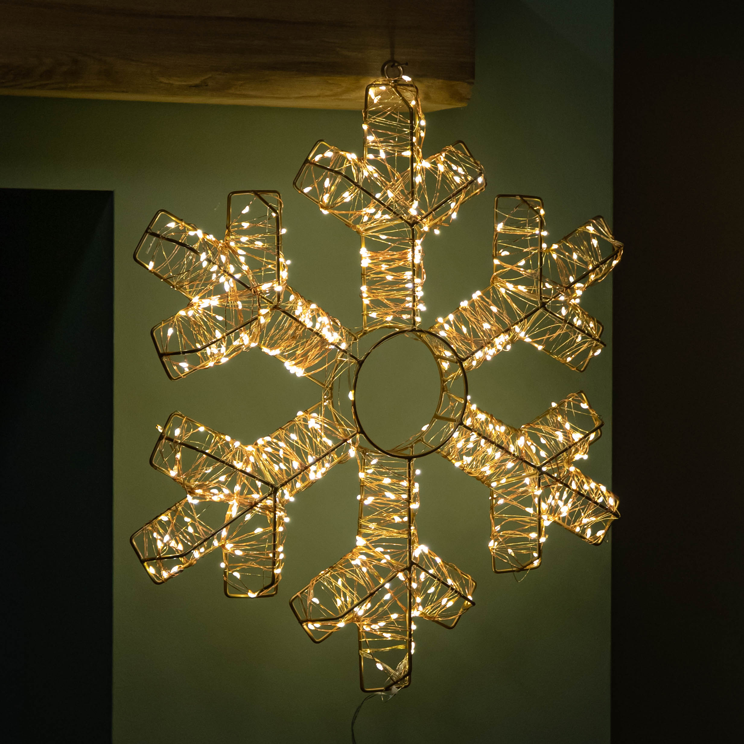 45cm Light up Rose Gold Metal Hanging Christmas Snowflake with 600 Warm White LEDs