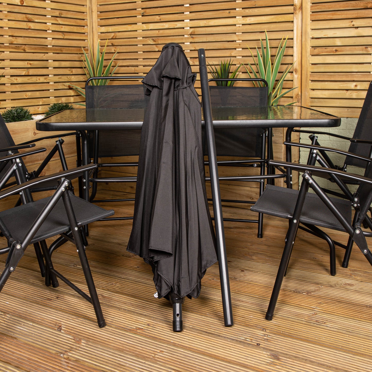 Samuel Alexander Outdoor 6 Seater Glass Top Table and Chairs Patio Set with Parasol in Black