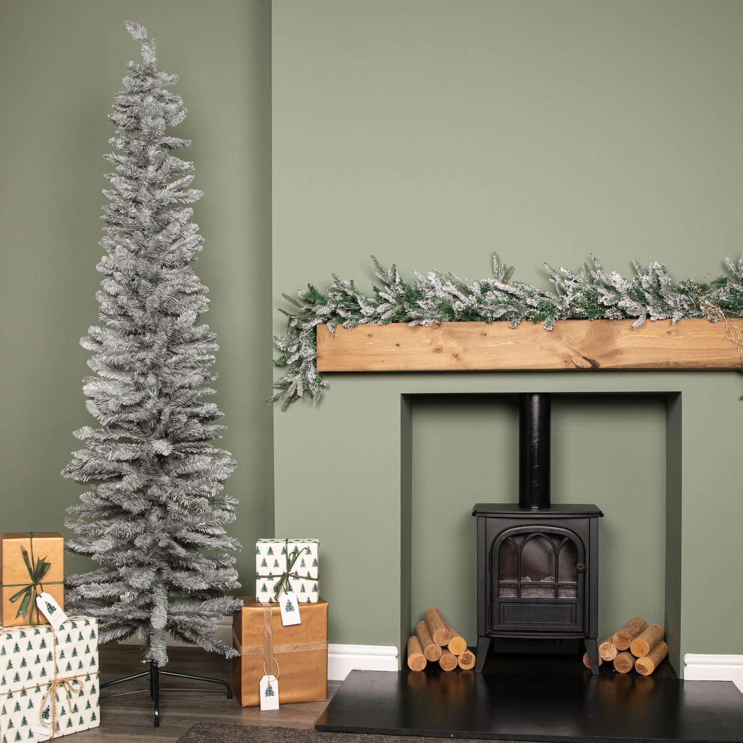 7ft (2.1m) Grey Artificial Pencil Christmas Tree With Green Metal Stand and 401 Tips