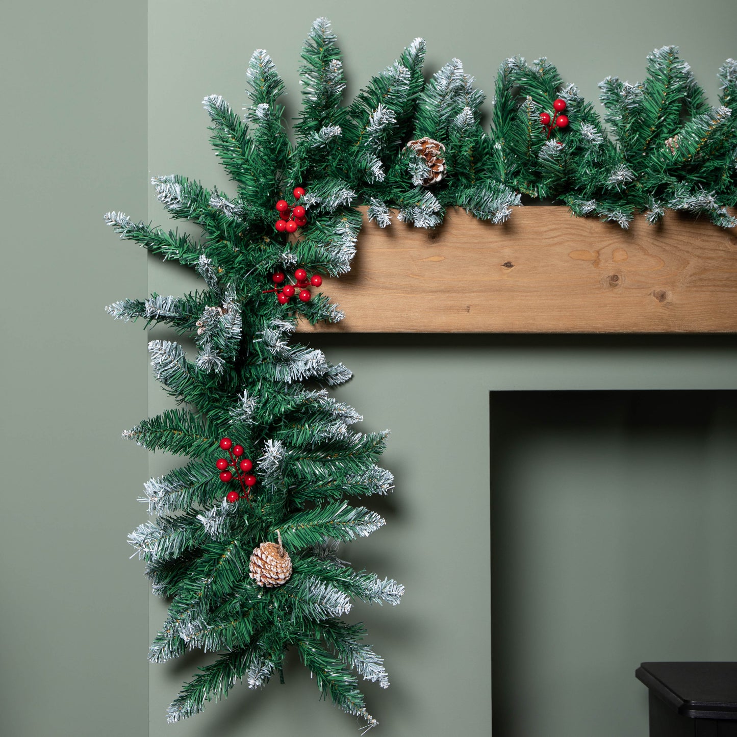 2.7m Snow Tipped Christmas Garland with Red Berries, Cones & Bullet Tips