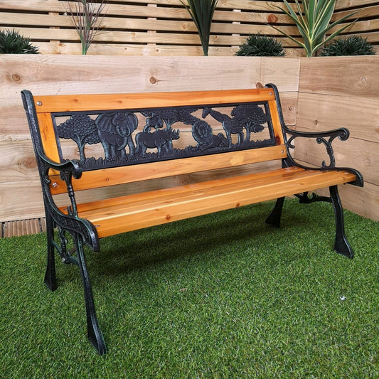 Kids 2 Seater Wooden & Cast Iron Garden Patio Childrens Bench with Animal Design