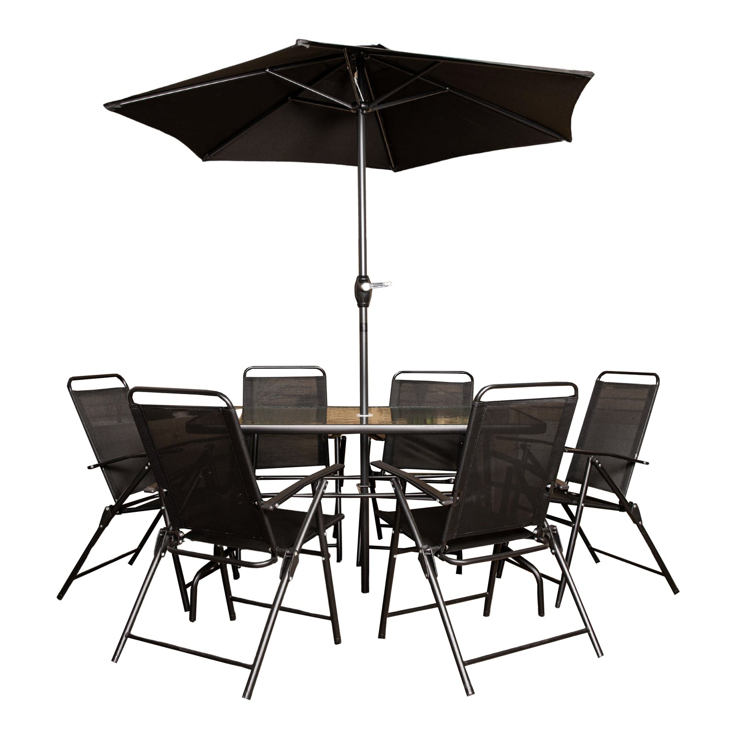 Samuel Alexander Outdoor 6 Seater Glass Top Table and Chairs Patio Set with Parasol in Black