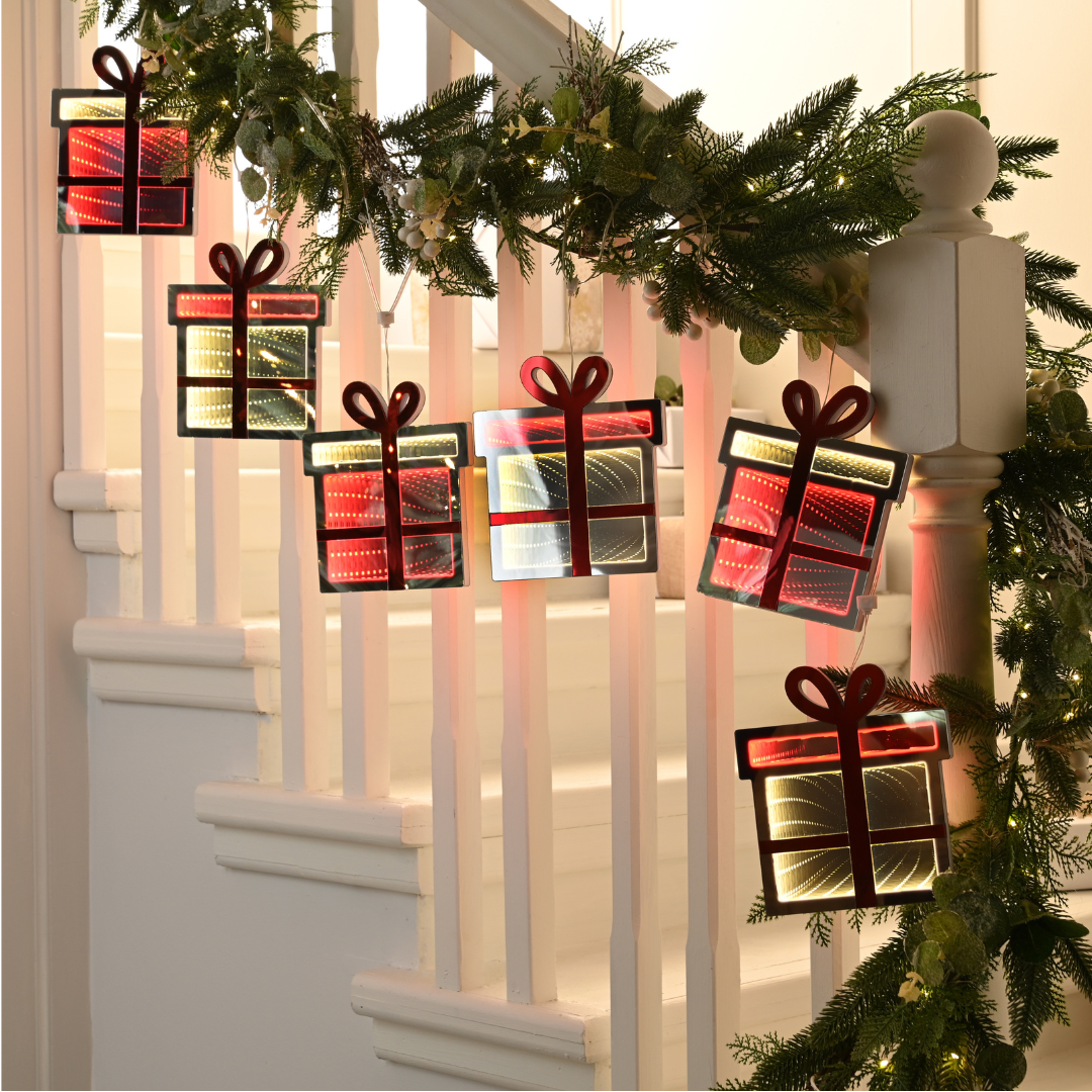 1.75m 6 Infinity Christmas Gift Box Garland with Red and Warm White LEDs