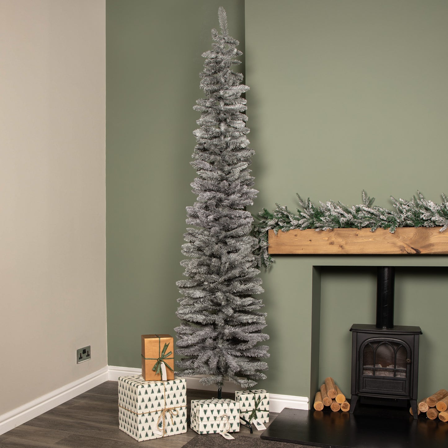 8ft (2.4m) Grey Artificial Pencil Christmas Tree With Green Metal Stand and 460 Tips