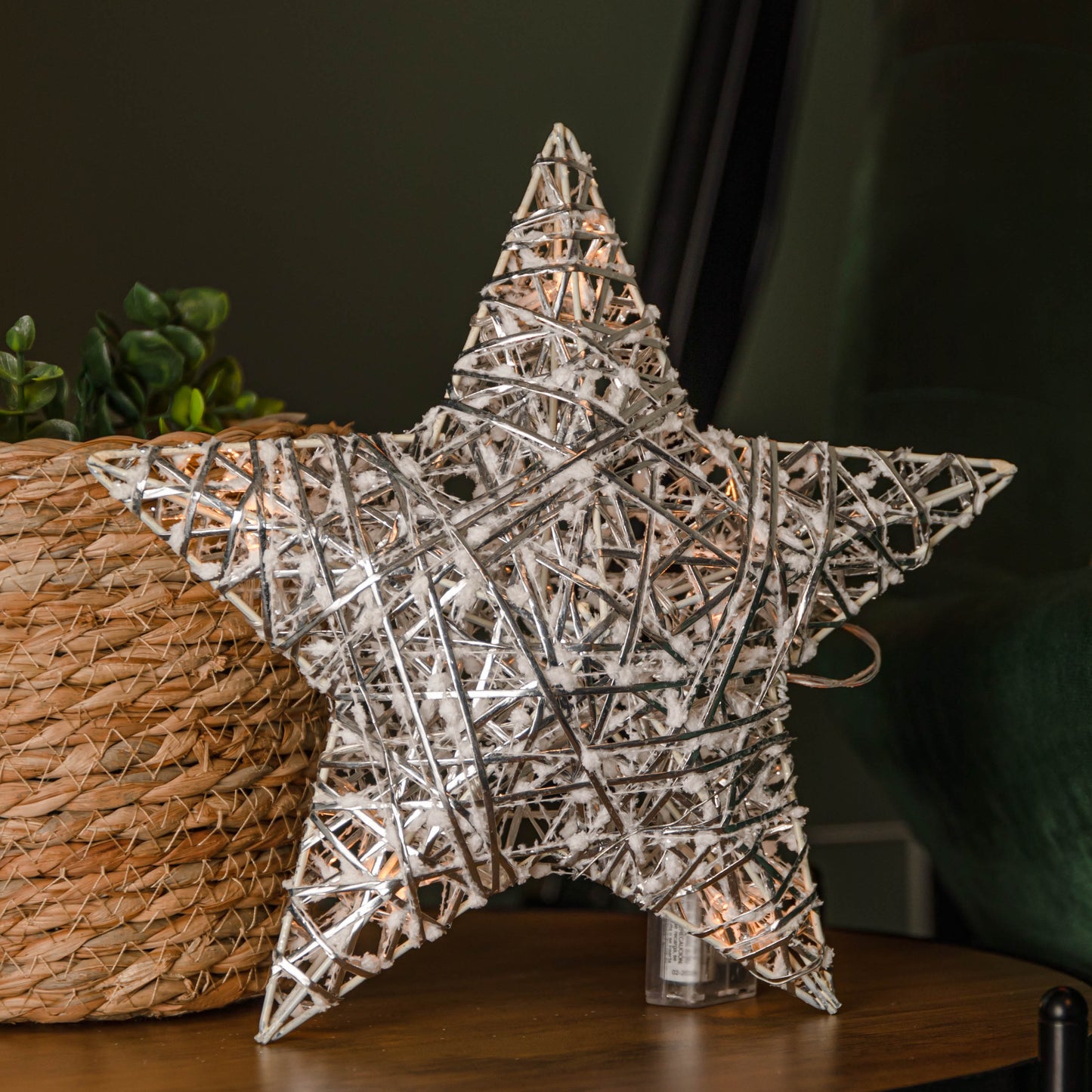 25cm Battery Operated Light up Silver Woven Christmas Star with 5 Warm White LEDs