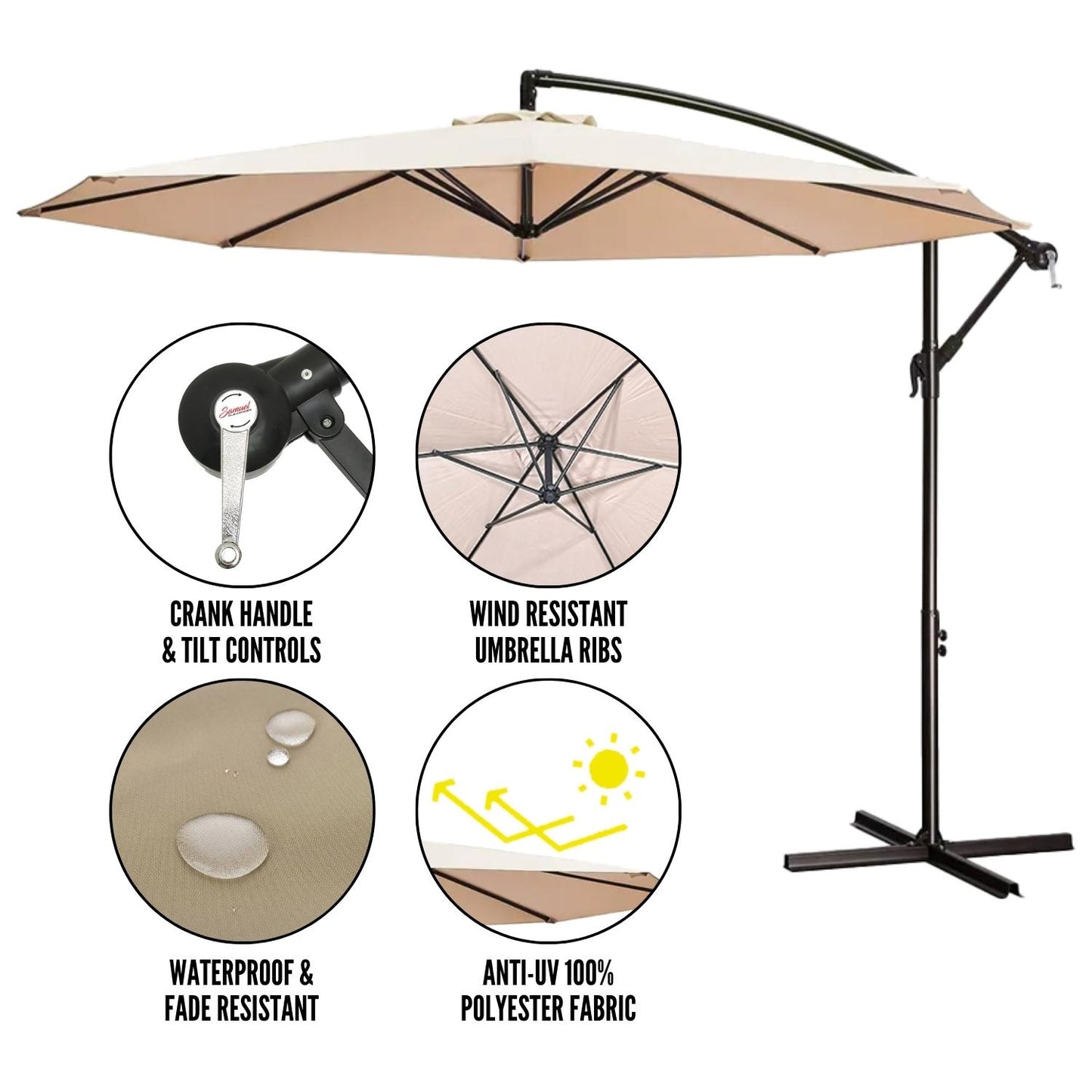 Samuel Alexander 3m Cantilever Parasol in Beige with Crank Handle for Patio Garden