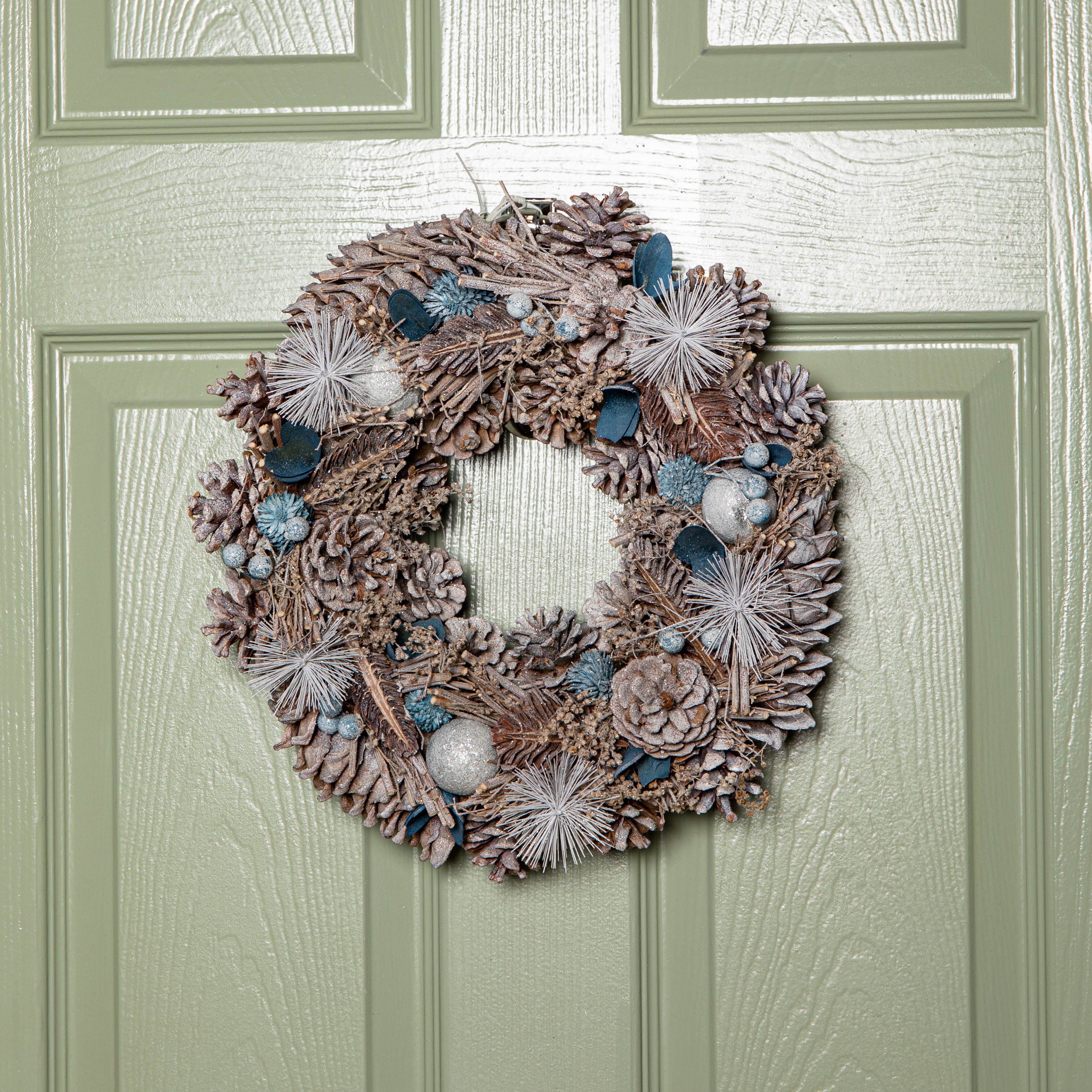 36cm Hanging Christmas Wreath Blue Frosted Berries & Silver Glitter Baubles 