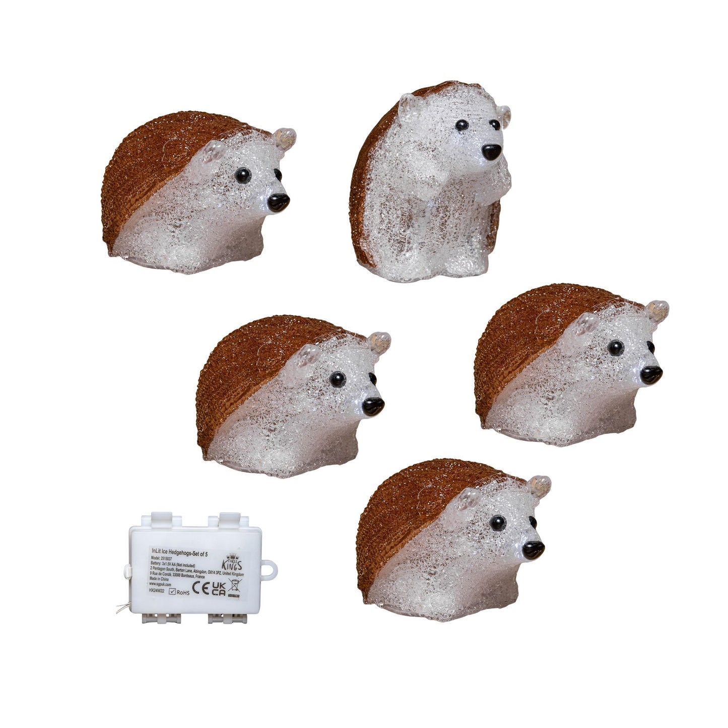 Set of 5 Battery Operated Brown Acrylic Christmas Hedgehogs with Cool White LEDs