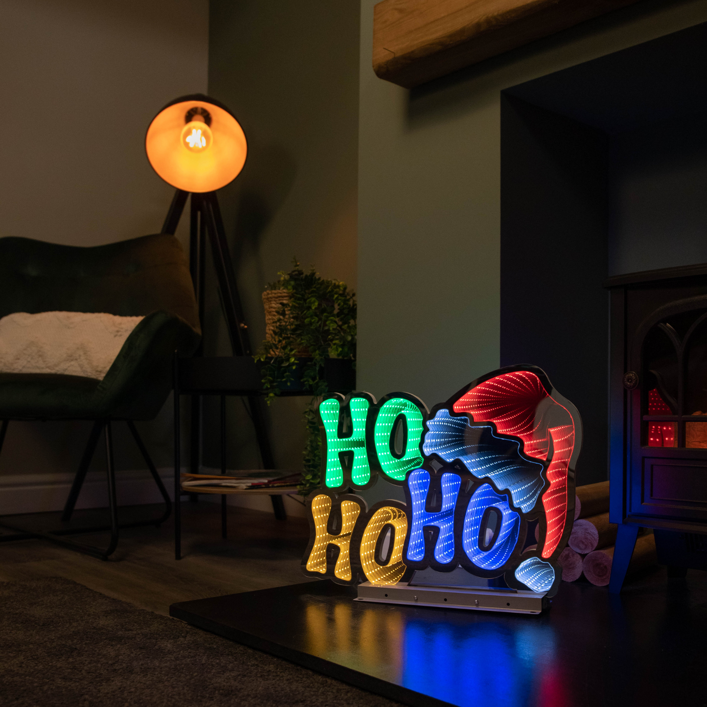 40cm Infinity Ho Ho Ho on Metal Base with Multi-Coloured LEDs