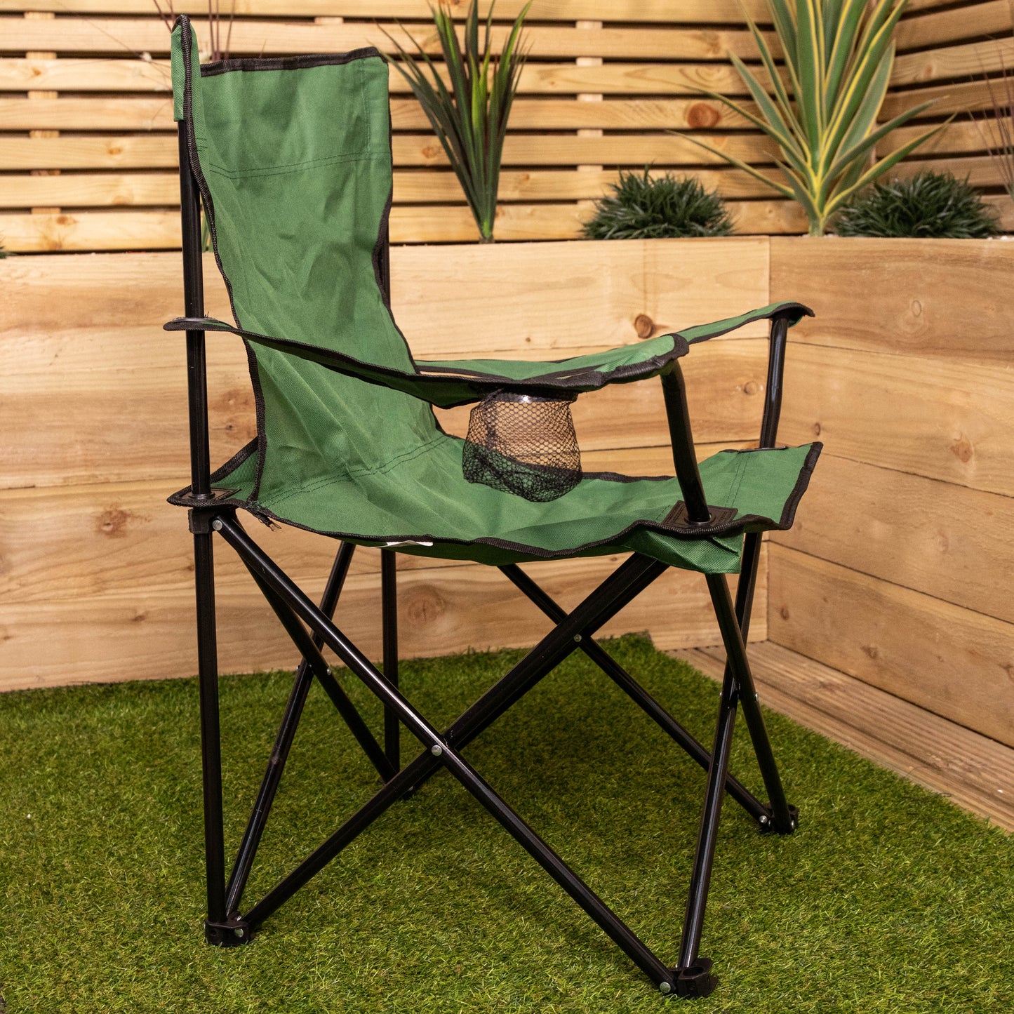 Green Folding Canvas Camping / Festival / Outdoor Chair with Arms and Cup Holder