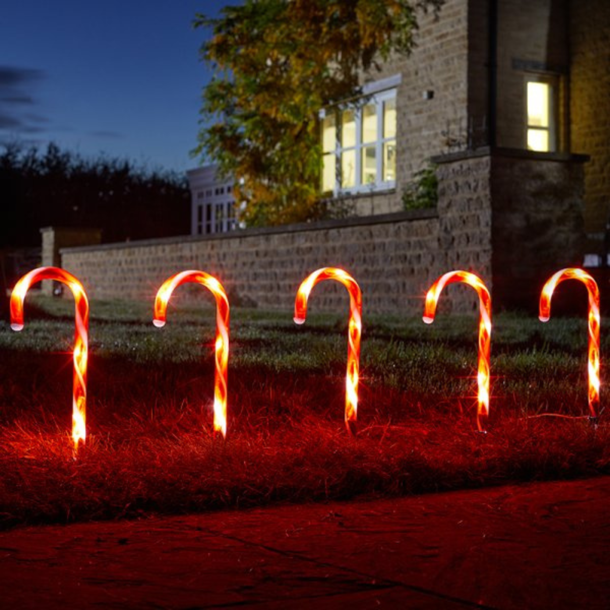 Set of 6 Light up Red & White Stripe Christmas Candy Cane Garden Stakes with LEDs