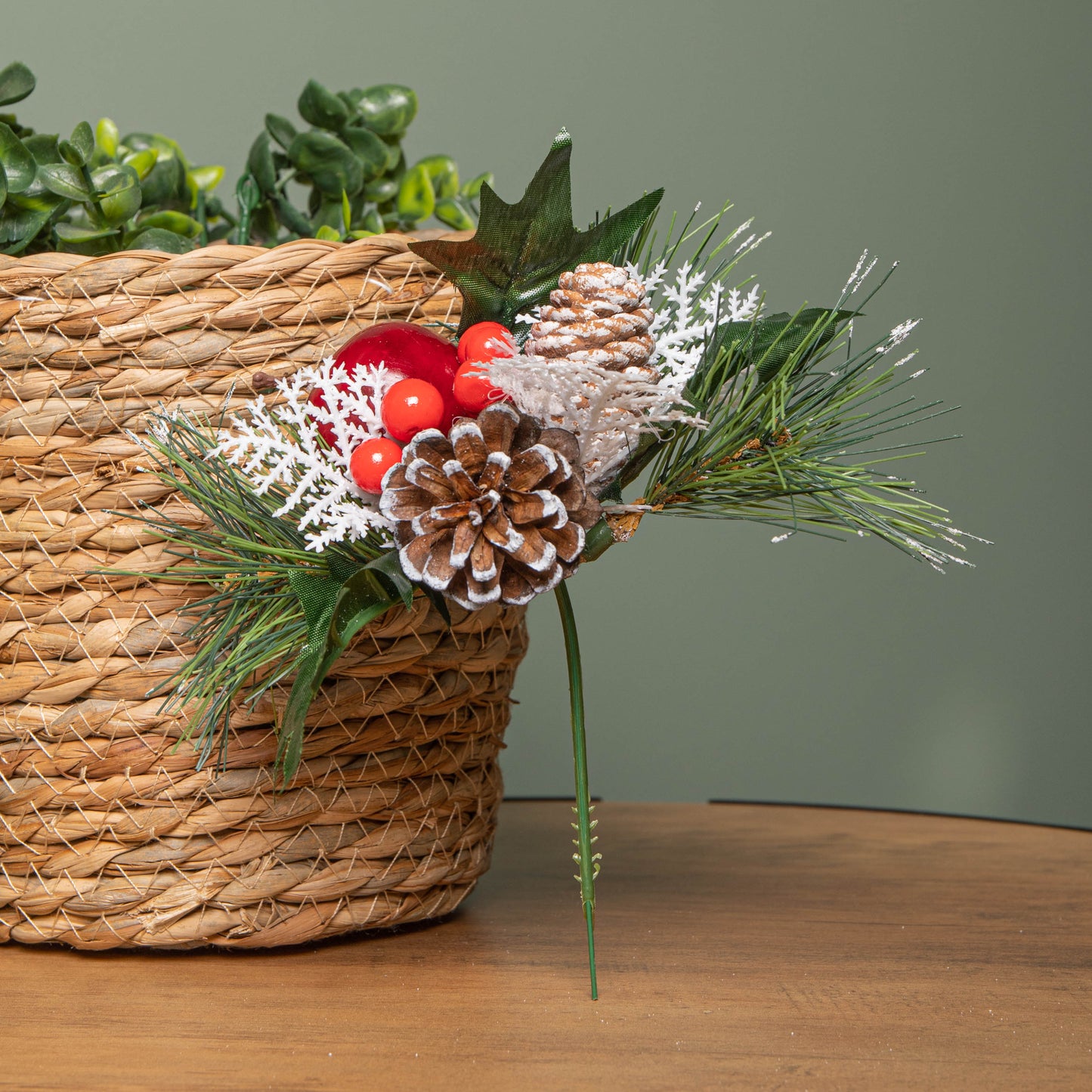 Set of 6 18cm Christmas Pick Decoration with Frosted Pinecones, Apple and Red Berries