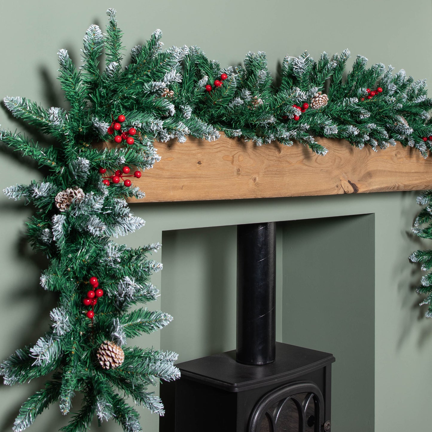 2.7m Snow Tipped Christmas Garland with Red Berries, Cones & Bullet Tips