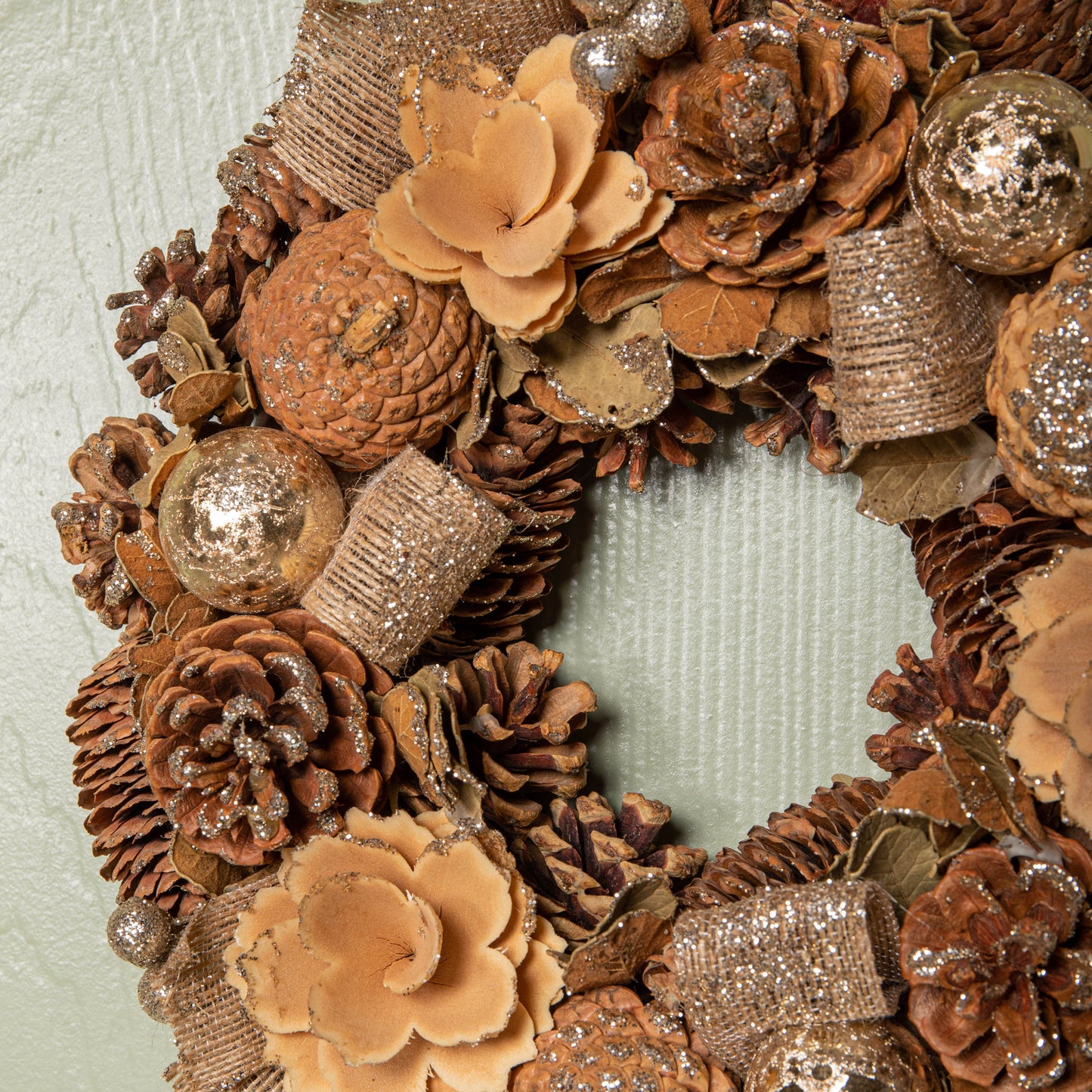 30cm Hanging Christmas Gold Fest Wreath with Pinecones and Gold Berries