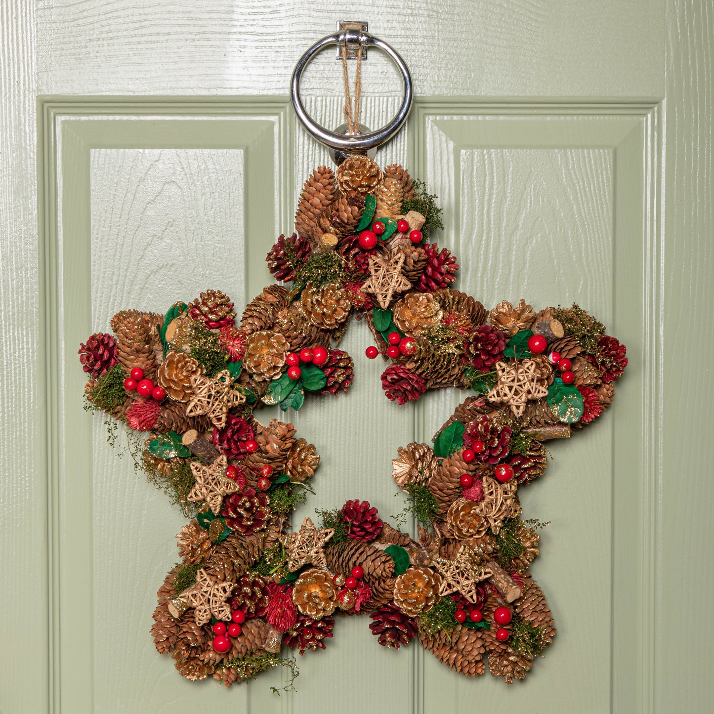 45cm Red Hanging Christmas Star Wreath with Red Berries and Pinecones 