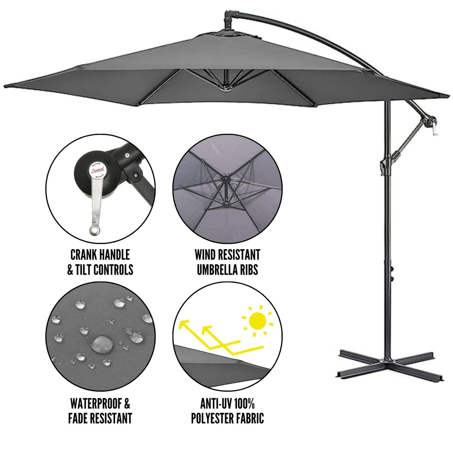 3m Hanging Banana Cantilever Garden Parasol with Cover in Grey