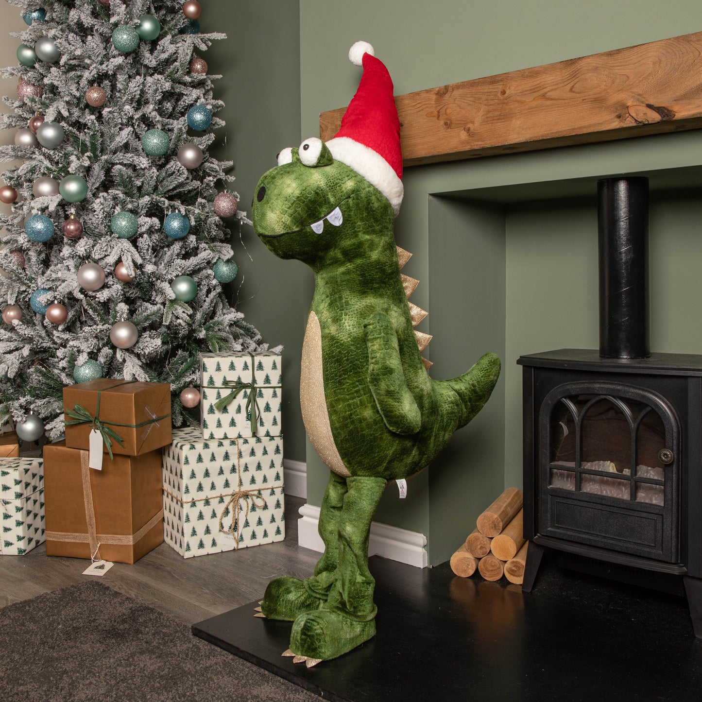 1.17m Humongous Green Standing Christmas Dinosaur with Santa Hat