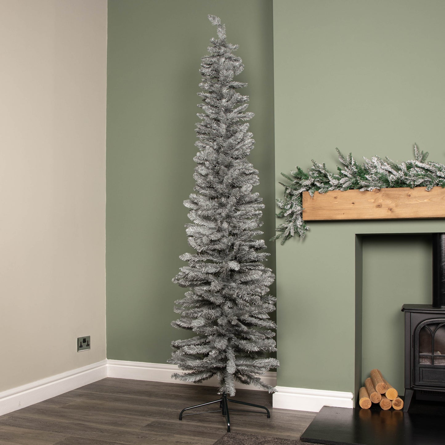 7ft (2.1m) Grey Artificial Pencil Christmas Tree With Green Metal Stand and 401 Tips