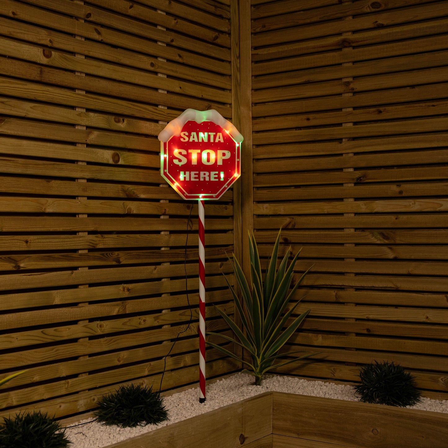 1m Light up Red Santa Stop Here Sign with 30 Multi-Coloured LEDs 