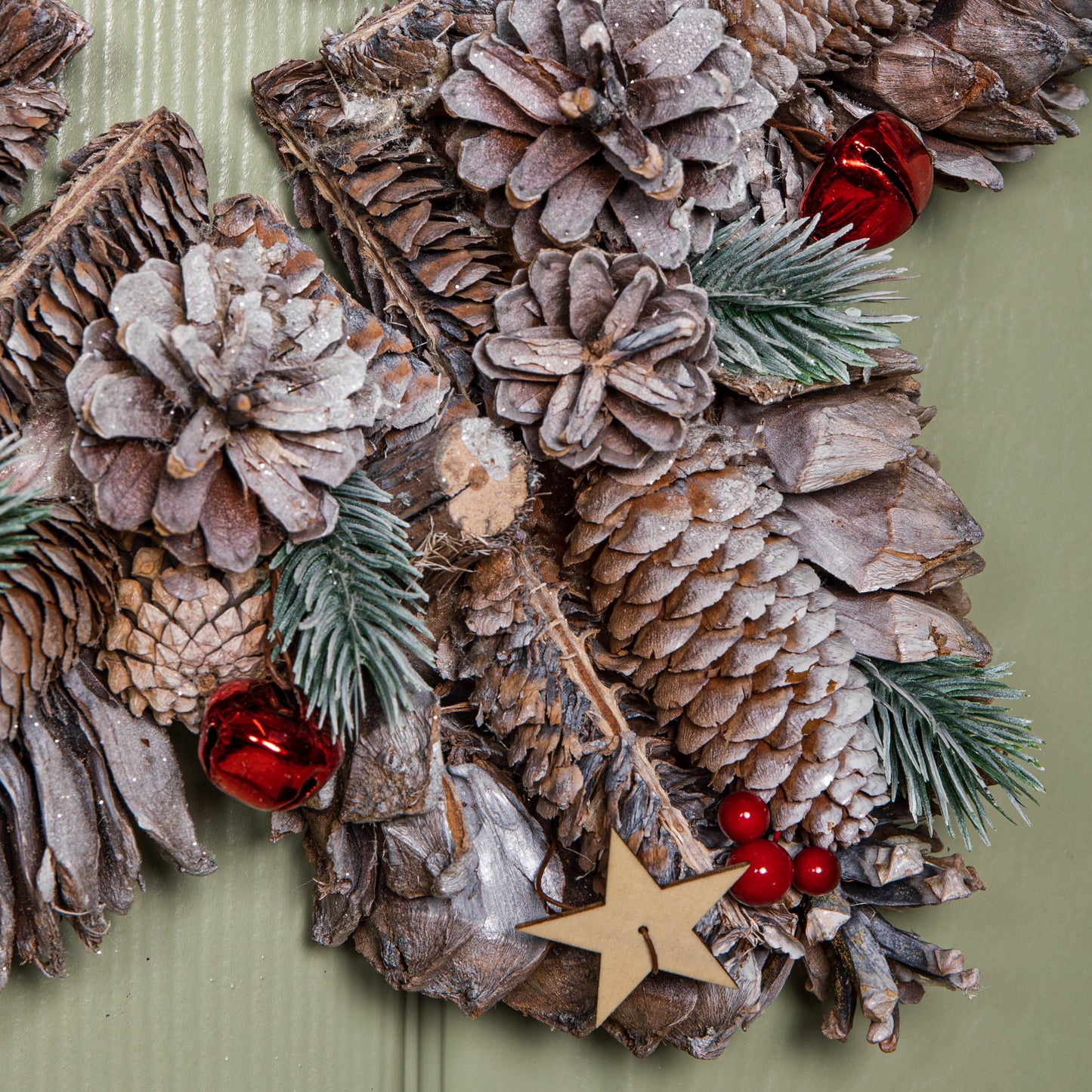 35cm Frosted Hanging Christmas Star Wreath with Red Jingle Bells & Wooden Stars