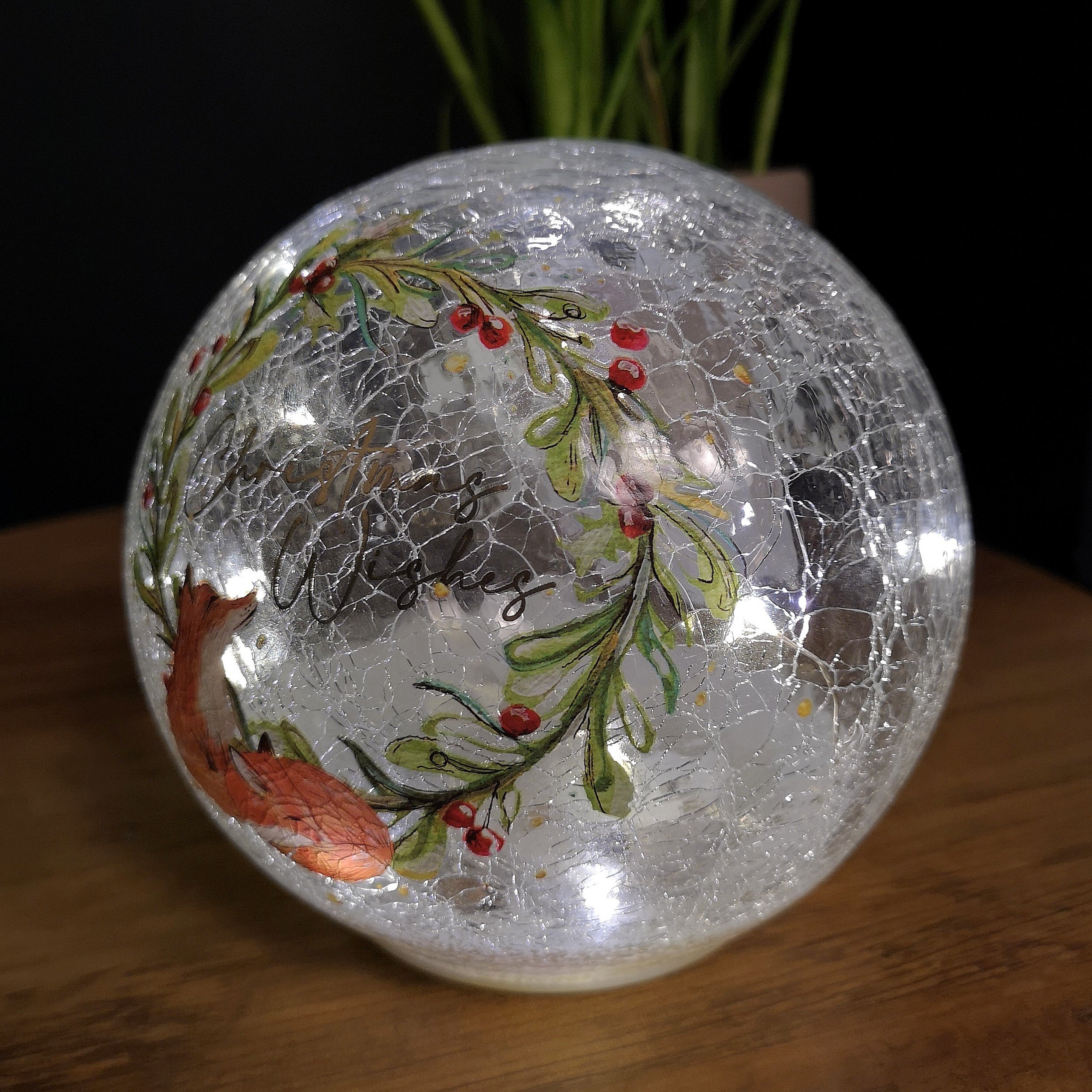 15cm Battery Operated Warm White LED Crackle Effect Ball Christmas Decoration with Christmas Wishes and Fox