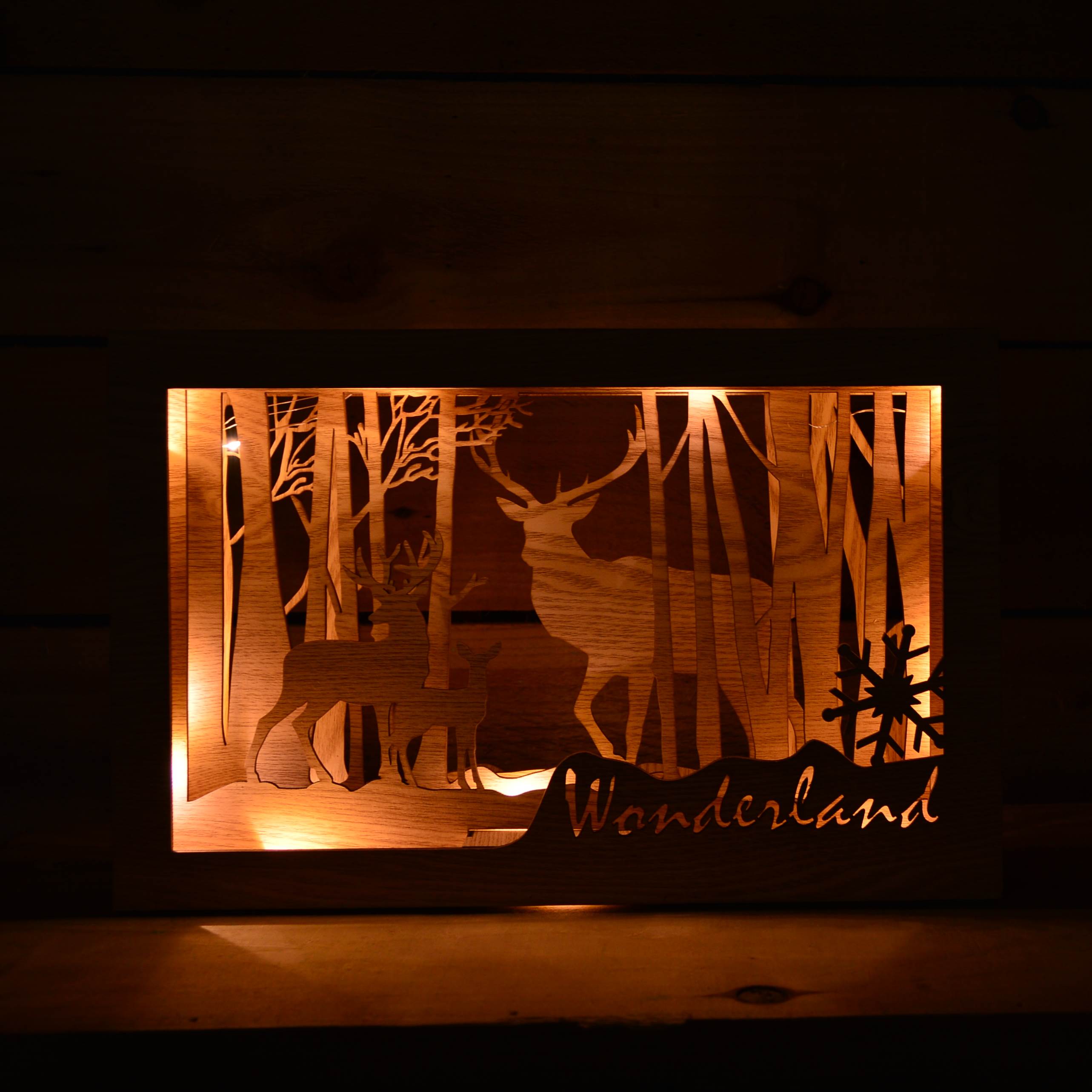 37cm Wooden Christmas Wonderland Reindeer Scene Lit with 40 Warm White LED's